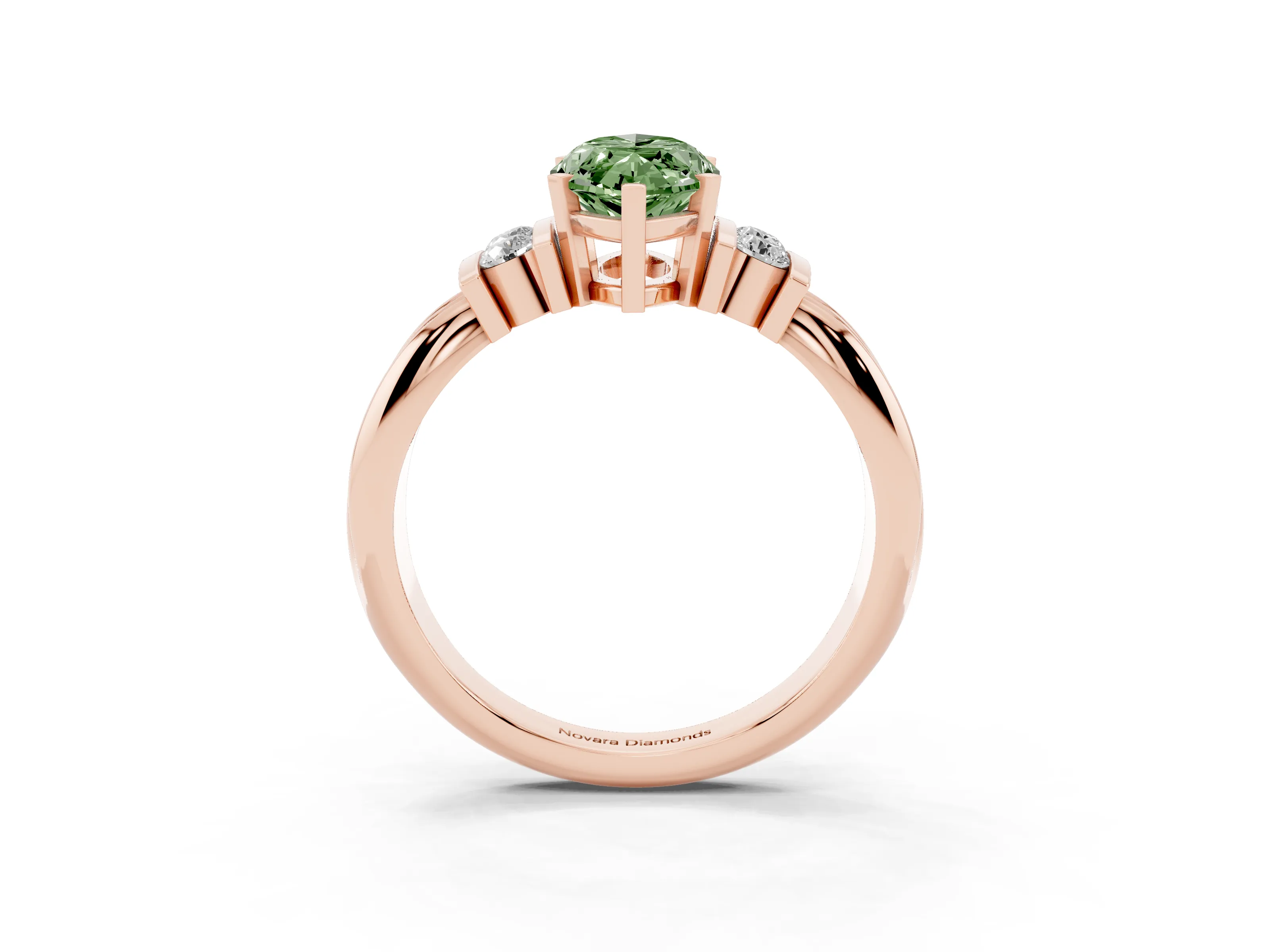 Fancy Green Three-Stone Marquise Cut Diamond Channel Set Ring Set in Rose gold with Bar Prongs