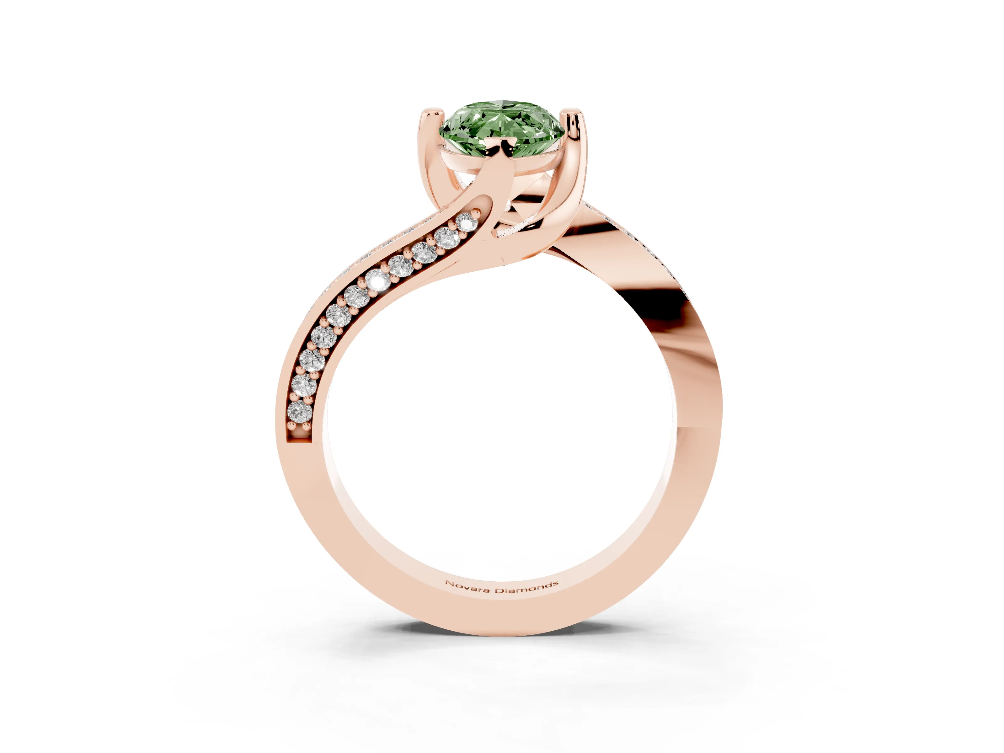 Fancy Green Marquise Cut Diamond Solitaire Ring Set in Rose gold with Intertwined Pavé Twist Band
