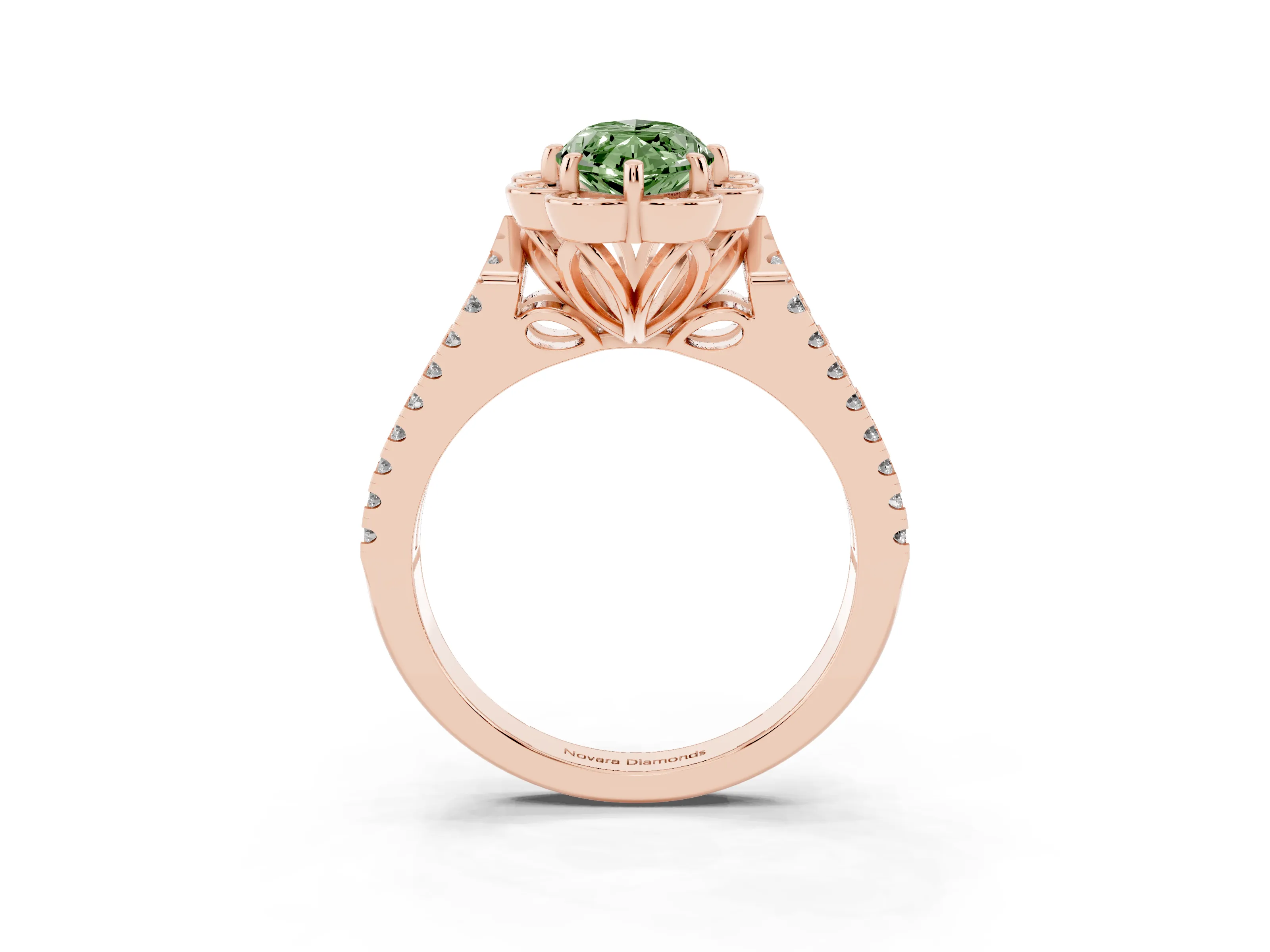 Fancy Green Marquise Cut Diamond Floral Halo Split Shank Engagement Ring Set in Rose gold with Pavé Shank
