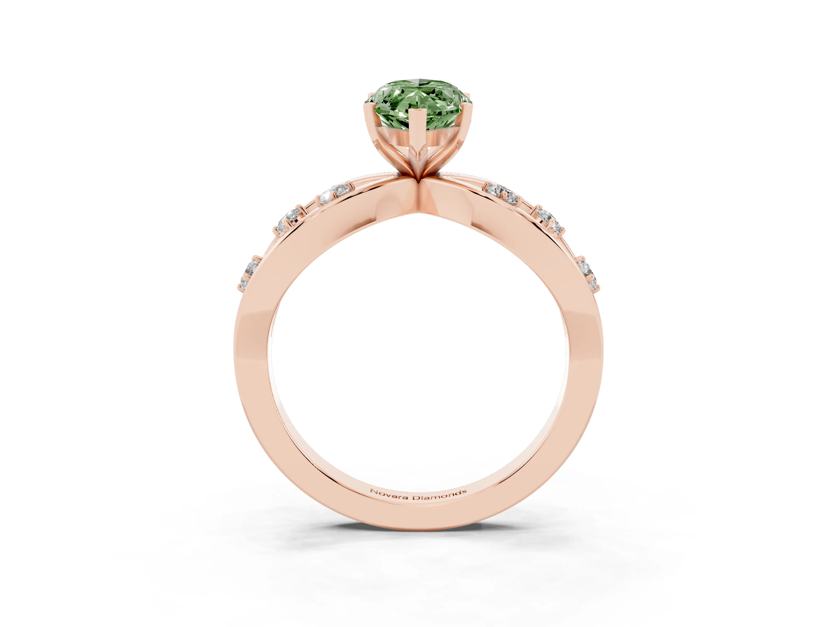 Fancy Green Marquise Cut Diamond Solitaire Ring Set in Rose gold with Side Stones on Criss-Cross Band and Prong Setting