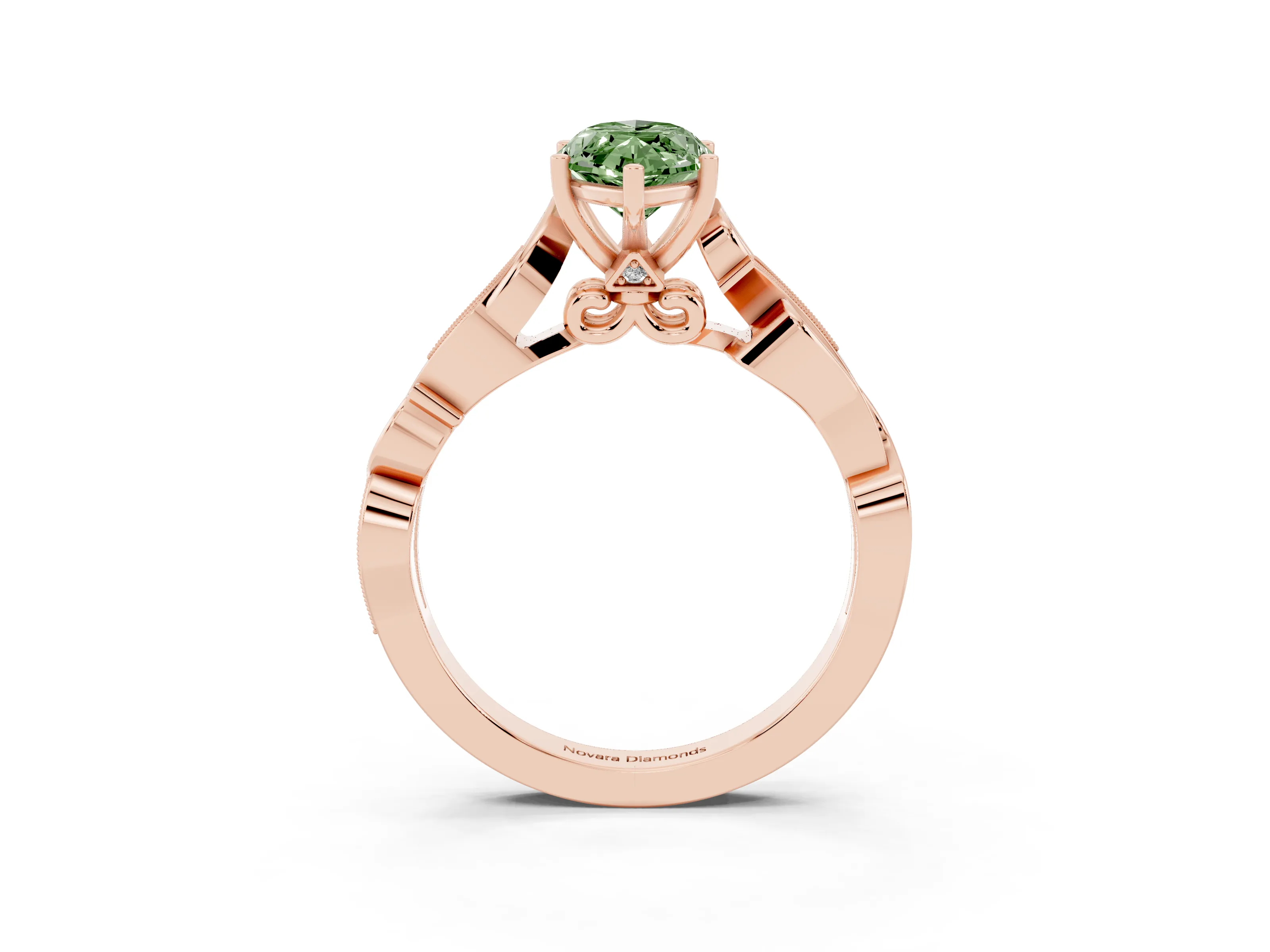 Fancy Green Marquise Cut Diamond Vine Band Solitaire Ring Set in Rose gold with Milgrain Prong Setting