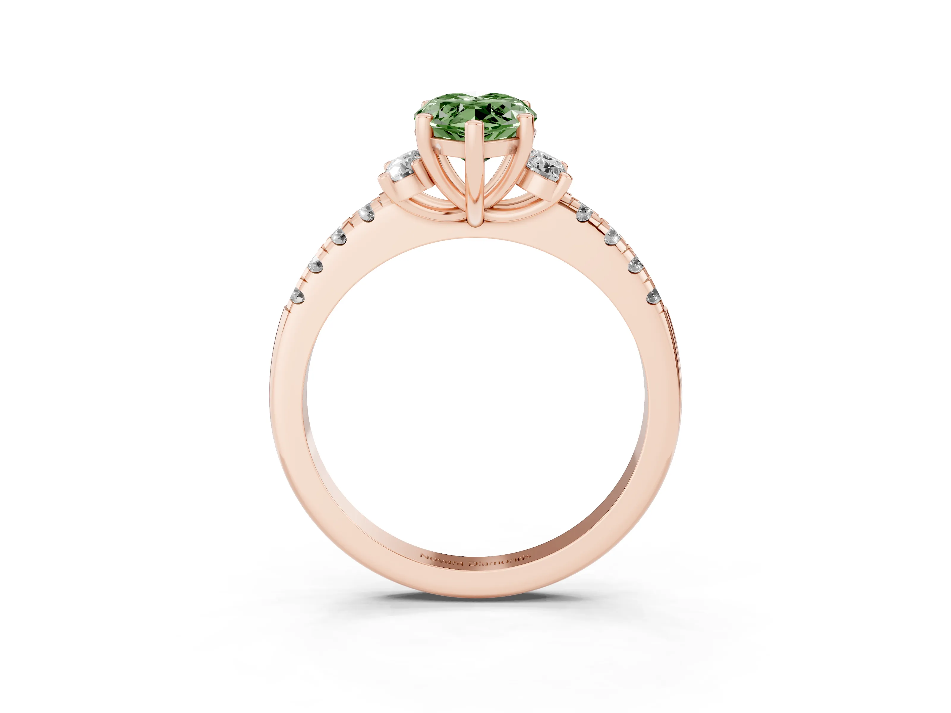 Fancy Green Marquise Cut Diamond Three-Stone Pavé Ring Set in Rose gold with Prong Setting