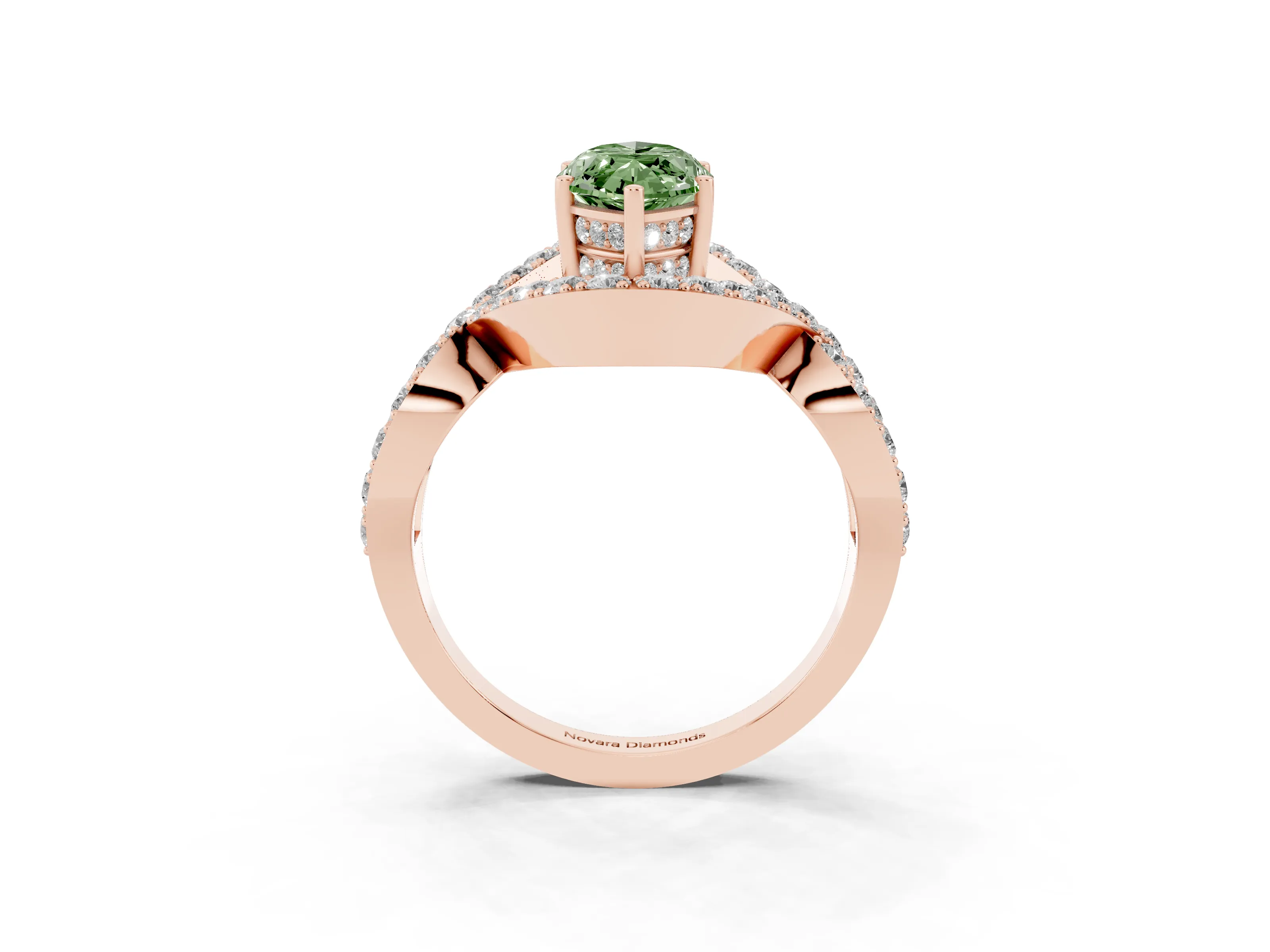 Fancy Green Marquise Cut Diamond Solitaire Twist Band Pavé Engagement Ring Set in Rose gold