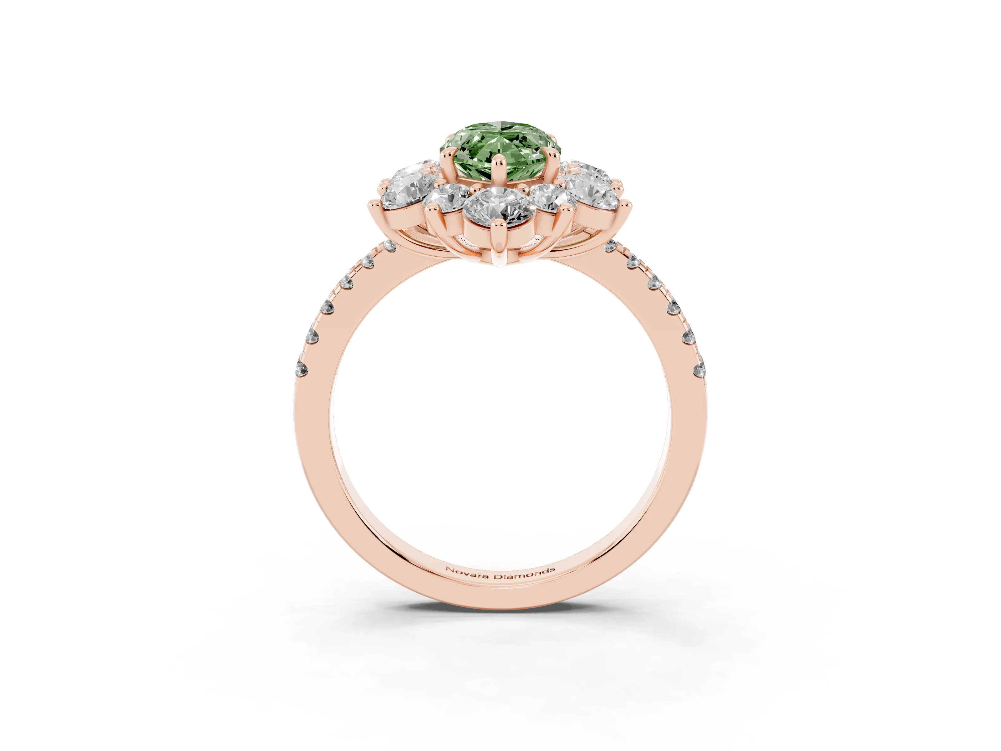 Fancy Green Marquise Cut Diamond Floral Halo Ring Set in Rose gold with Round Pavé Band and Prong Setting