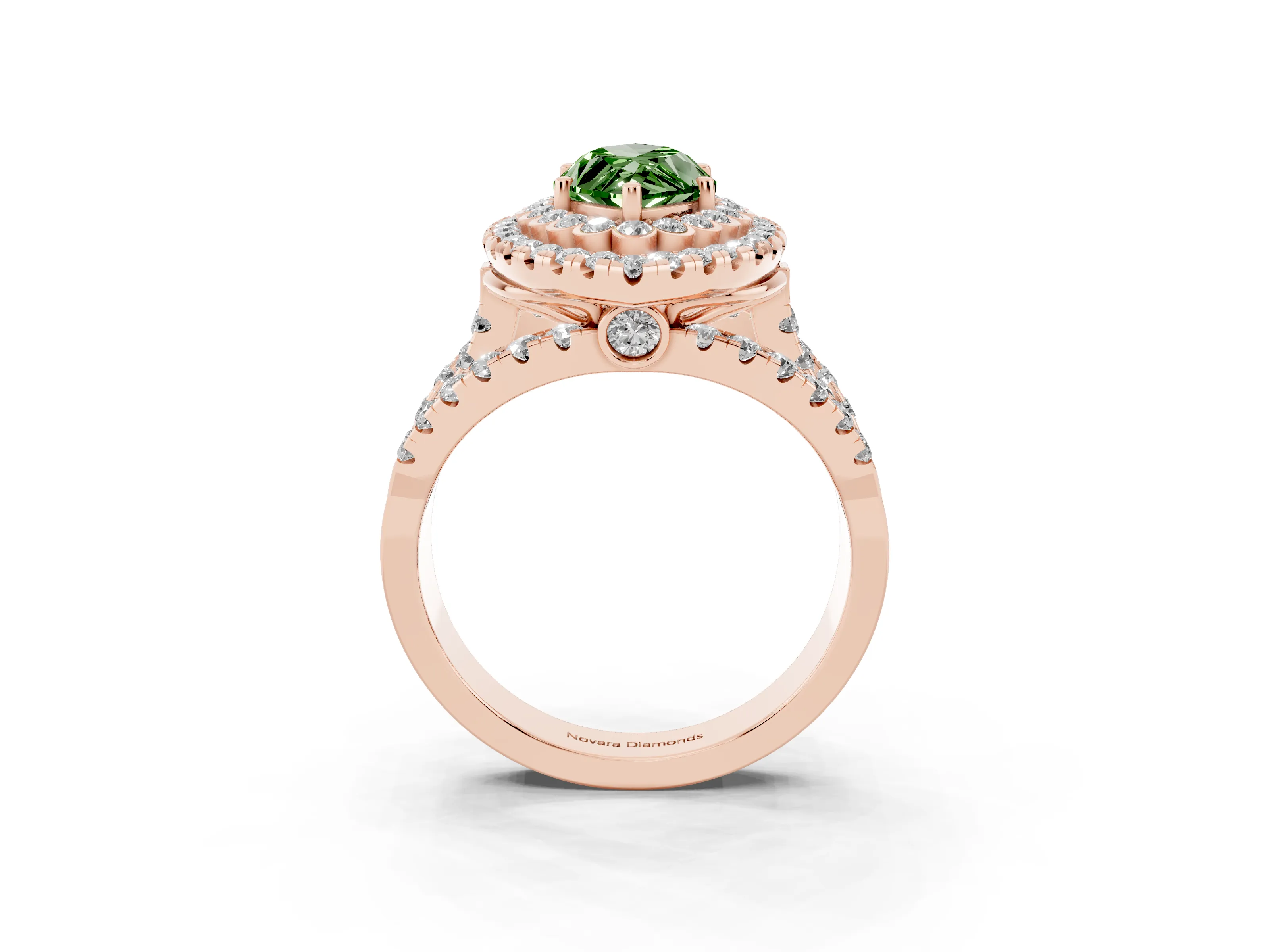 Fancy Green Marquise Cut Diamond Double Halo Ring Set in Rose gold with Round Pavé Split Shank