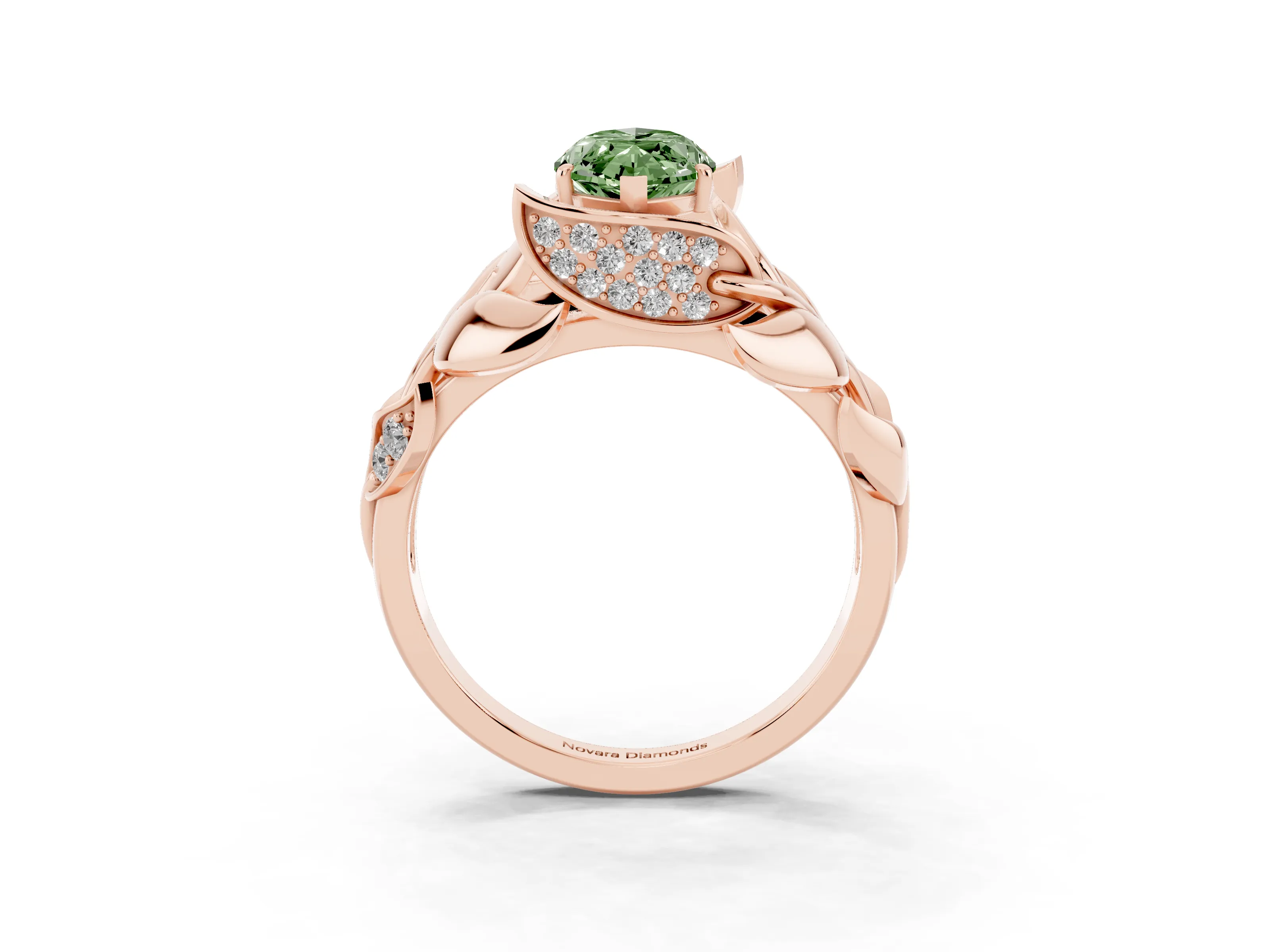 Fancy Green Marquise Cut Diamond Leaf-Inspired Engagement Ring Set in Rose gold with Round Accents