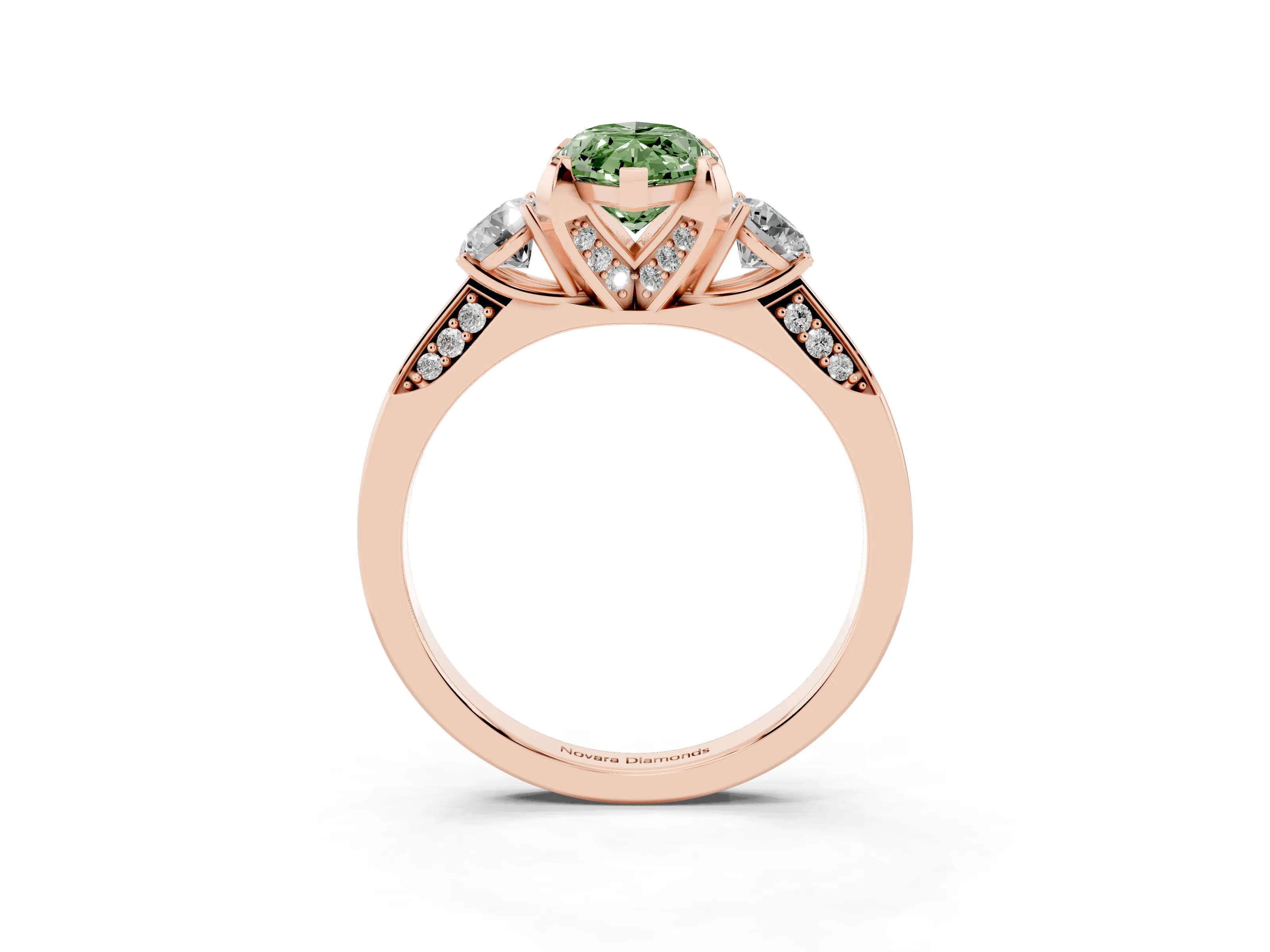 Fancy Green Marquise Cut Diamond Three-Stone Ring Set in Rose gold with Pavé Band and Smaller Side Stones