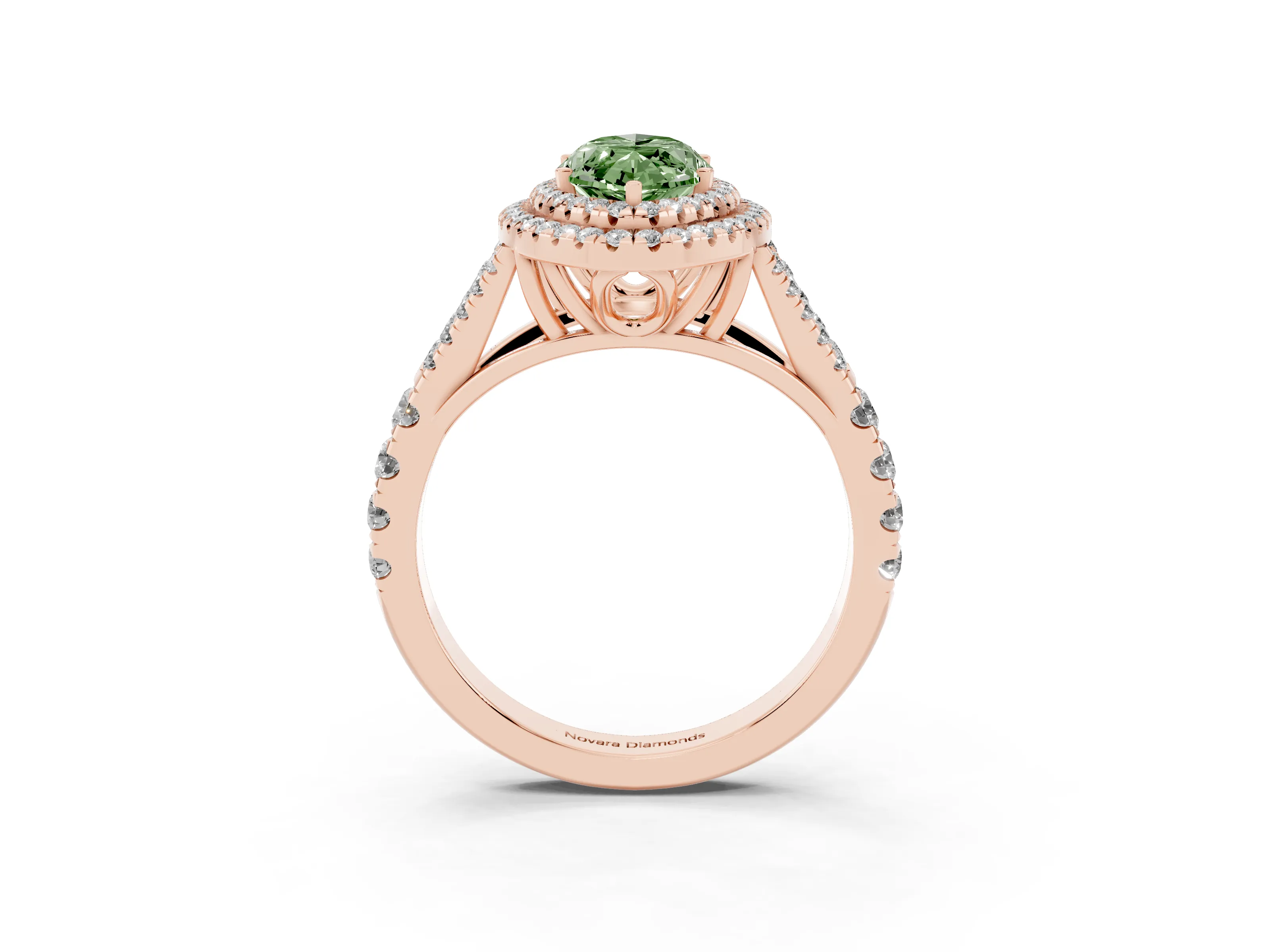 Fancy Green Marquise Cut Diamond Pavé Split Shank Double Halo Engagement Ring Set in Rose gold