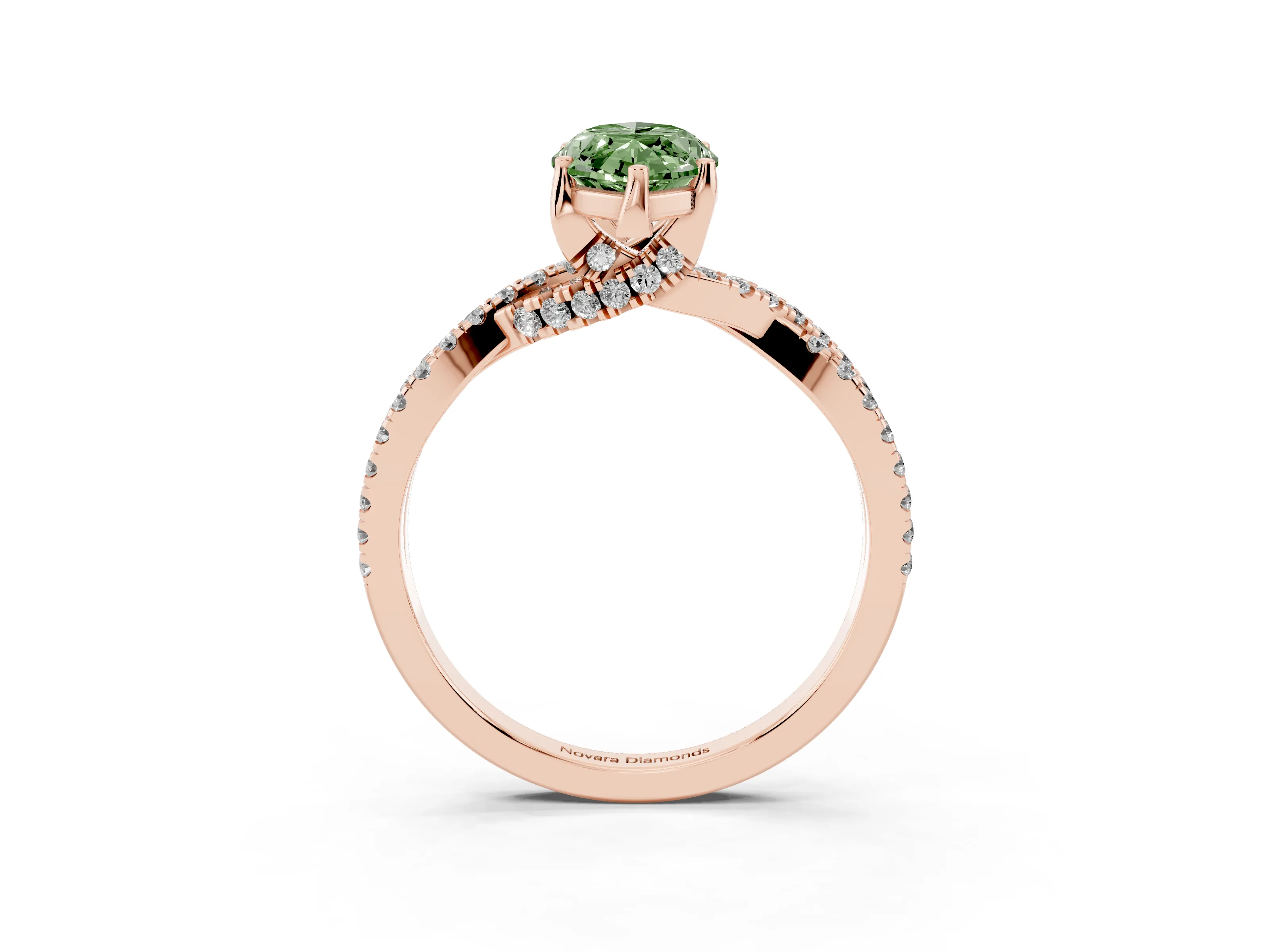 Fancy Green Marquise Cut Diamond Twist Pavé Solitaire Engagement Ring Set in Rose gold with Prong Setting