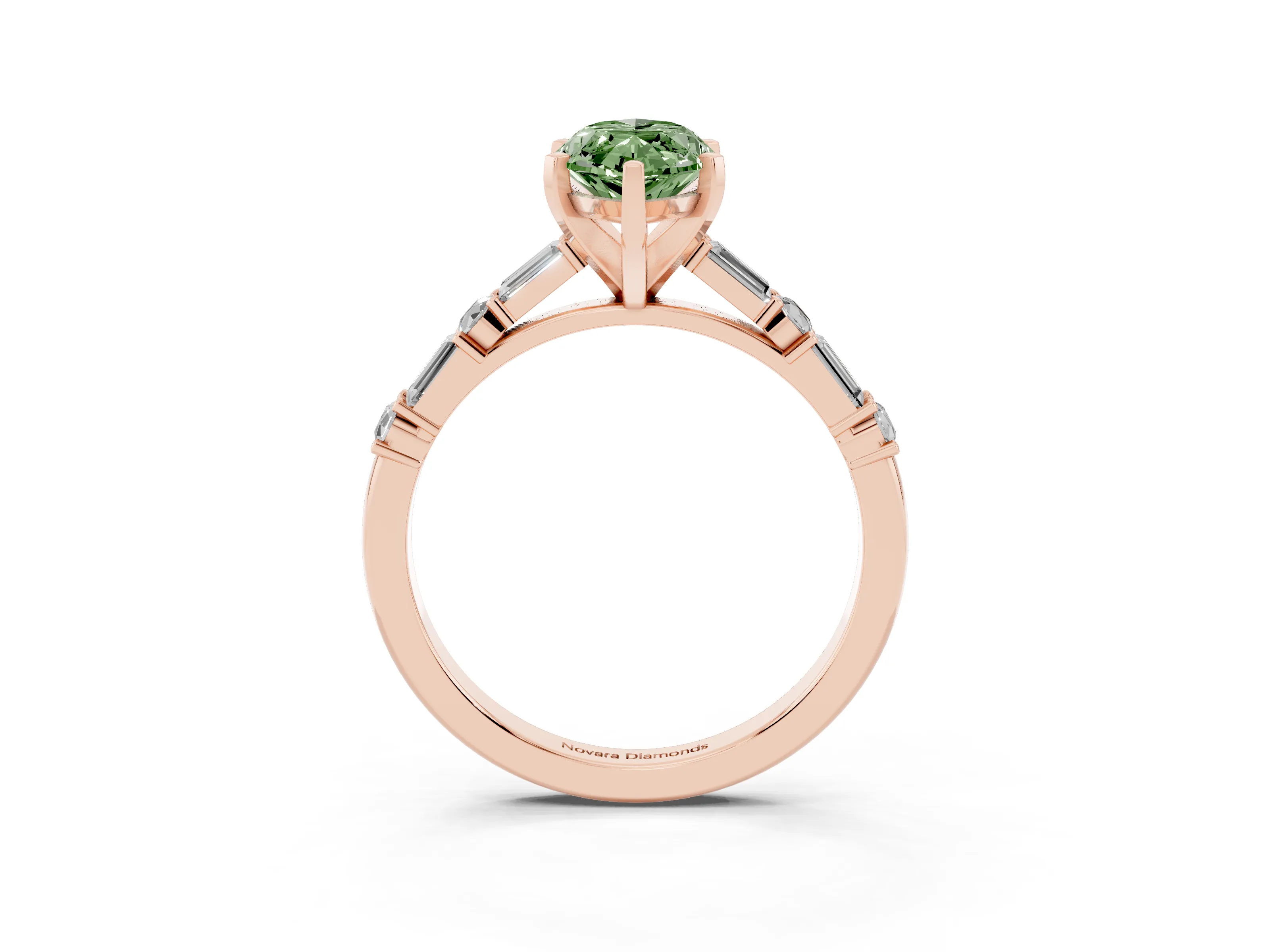 Fancy Green Marquise Cut Diamond Solitaire Set in Rose gold with Side Baguettes and Channel Set Band