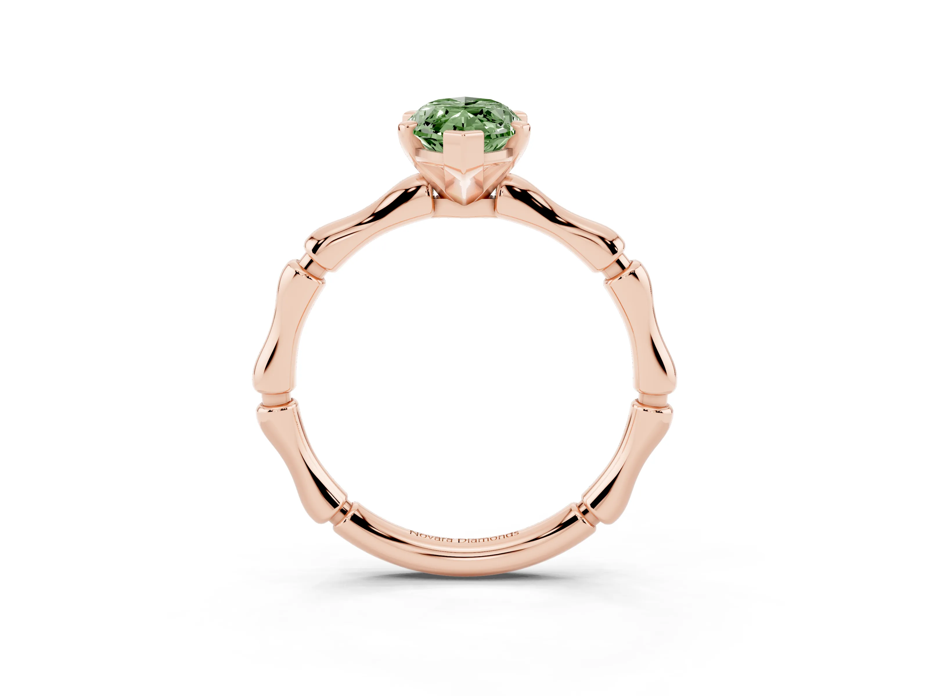 Fancy Green Marquise Cut Diamond Solitaire Ring Set in Rose gold with Bamboo Band and Prong Setting