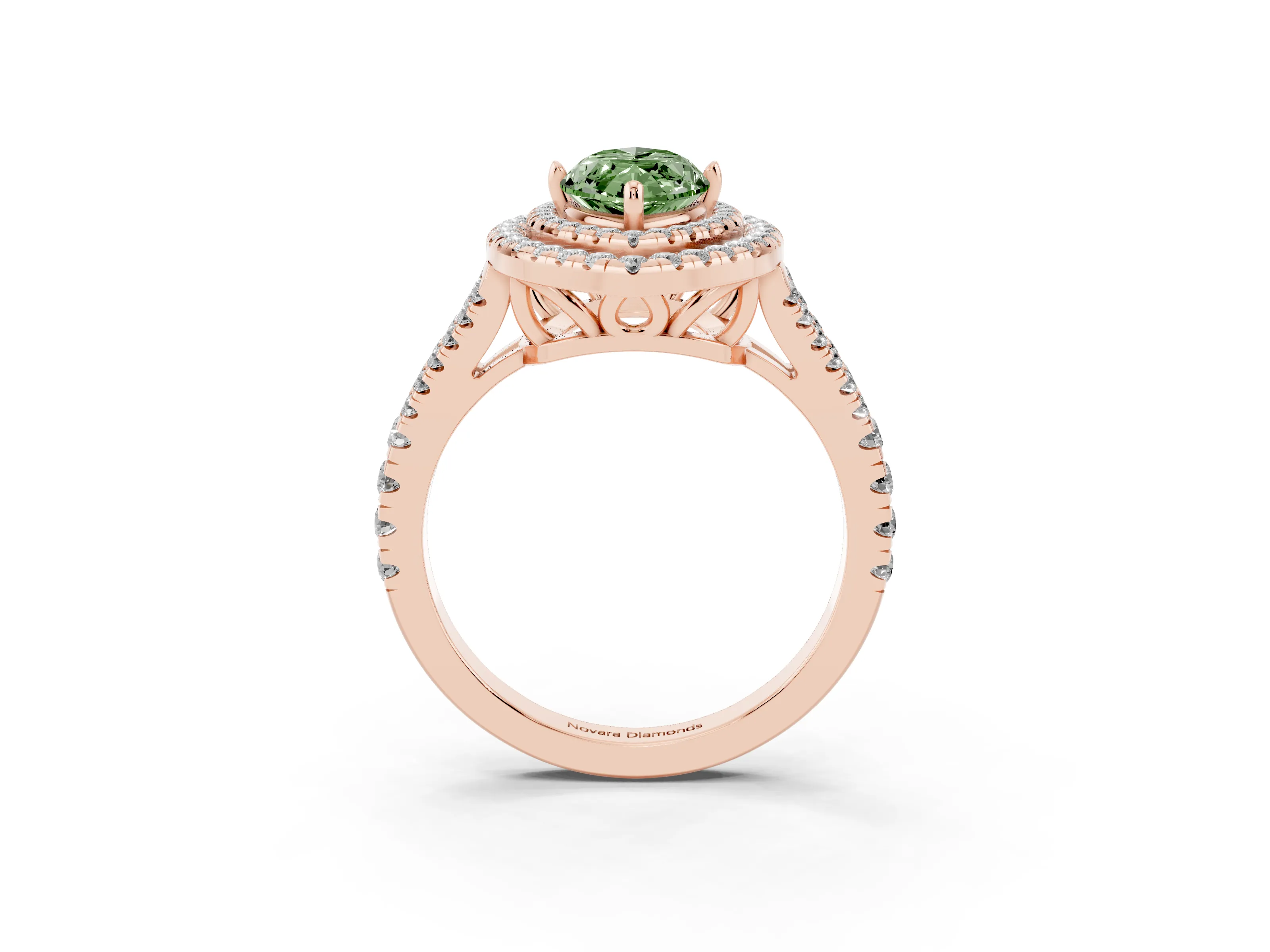Fancy Green Marquise Cut Diamond Double Halo Ring Set in Rose gold with Pavé Band