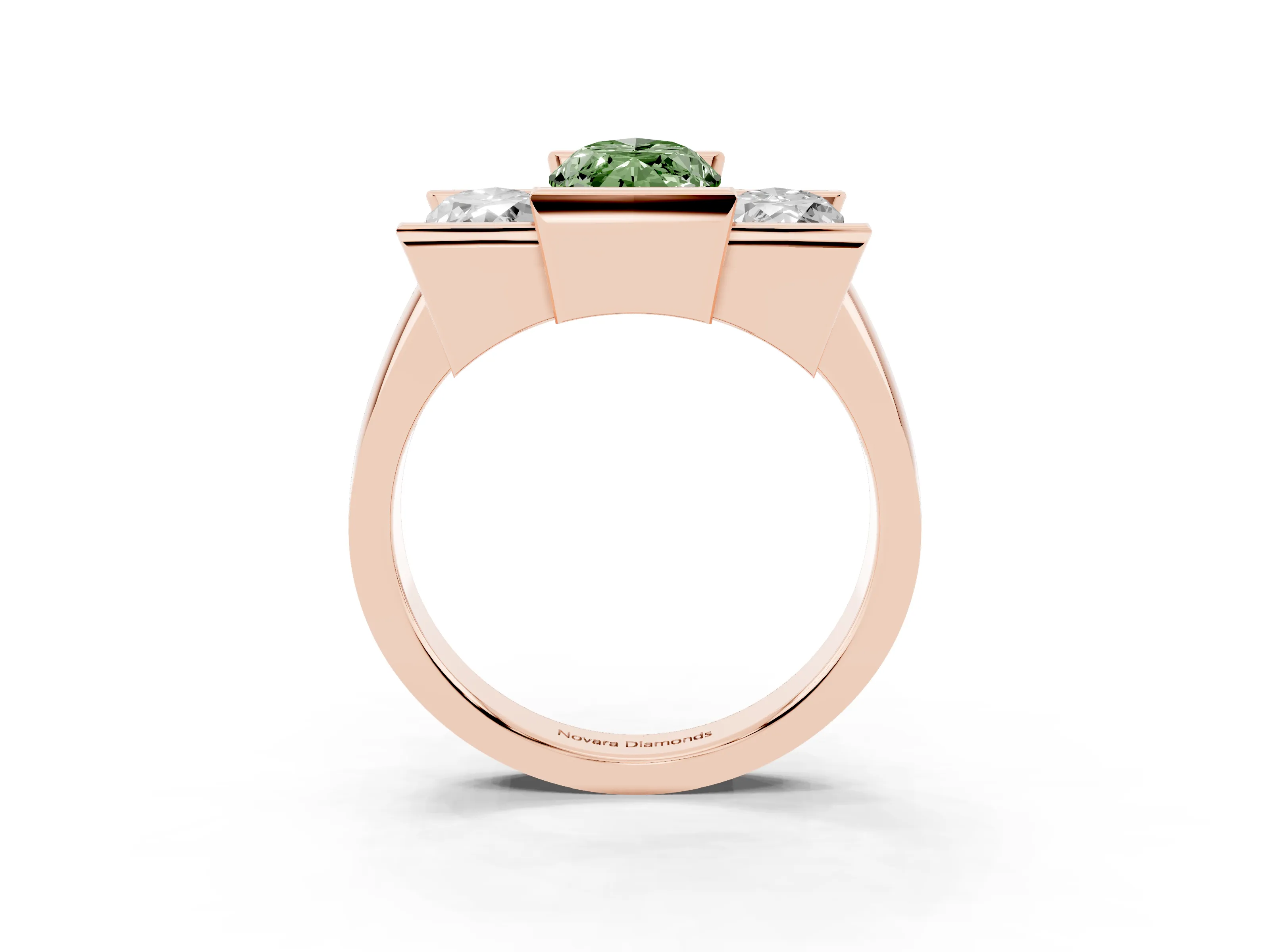 Fancy Green Marquise Cut Diamond Three-Stone Channel Set Ring Set in Rose gold with Smooth Polished Band