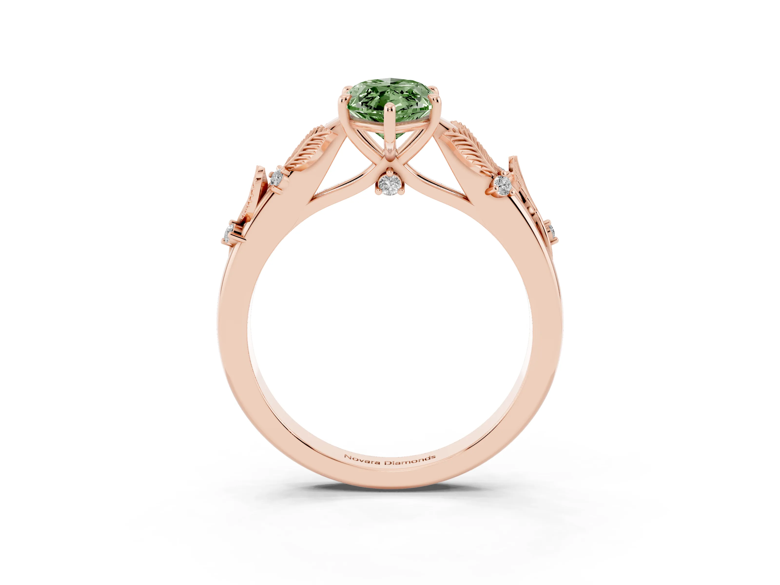 Fancy Green Marquise Cut Diamond Solitaire Ring Set in Rose gold with Leaf Motif Band