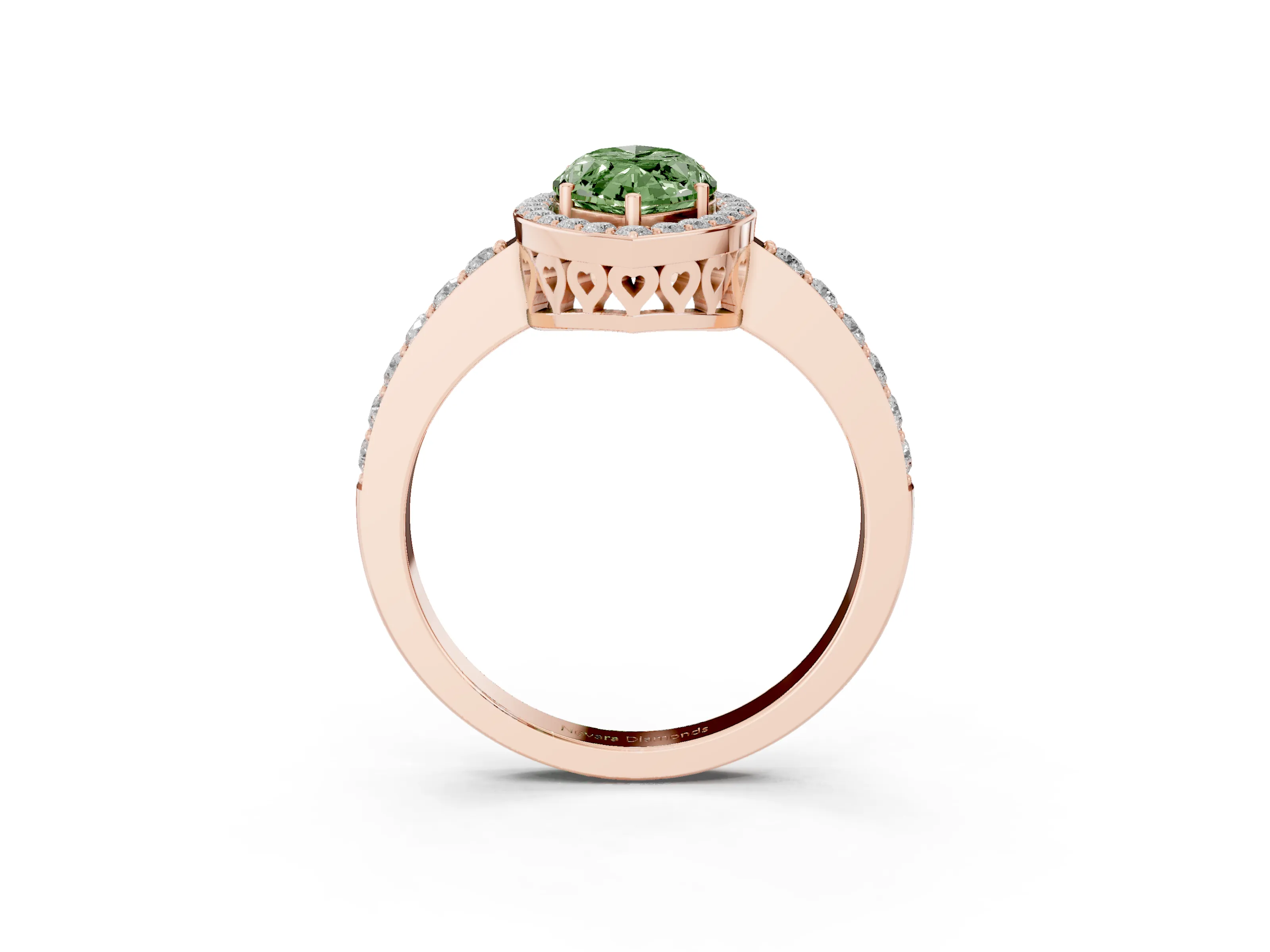 Fancy Green Marquise Cut Diamond Halo Ring Set in Rose gold with Pavé-Setting Band and Open Prong Center