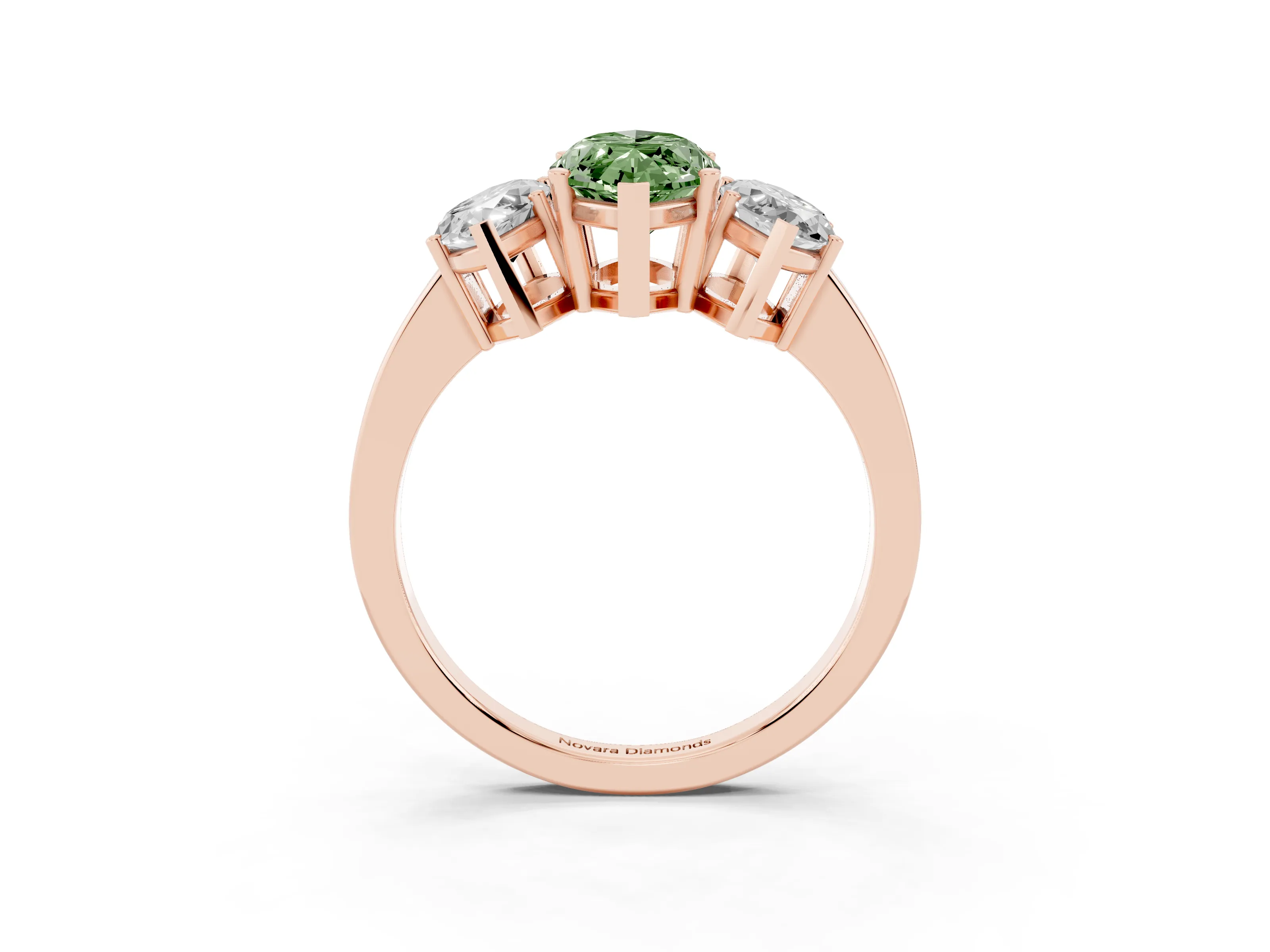 Fancy Green Marquise Cut Diamond Three-Stone Engagement Ring Set in Rose gold with Flat Band