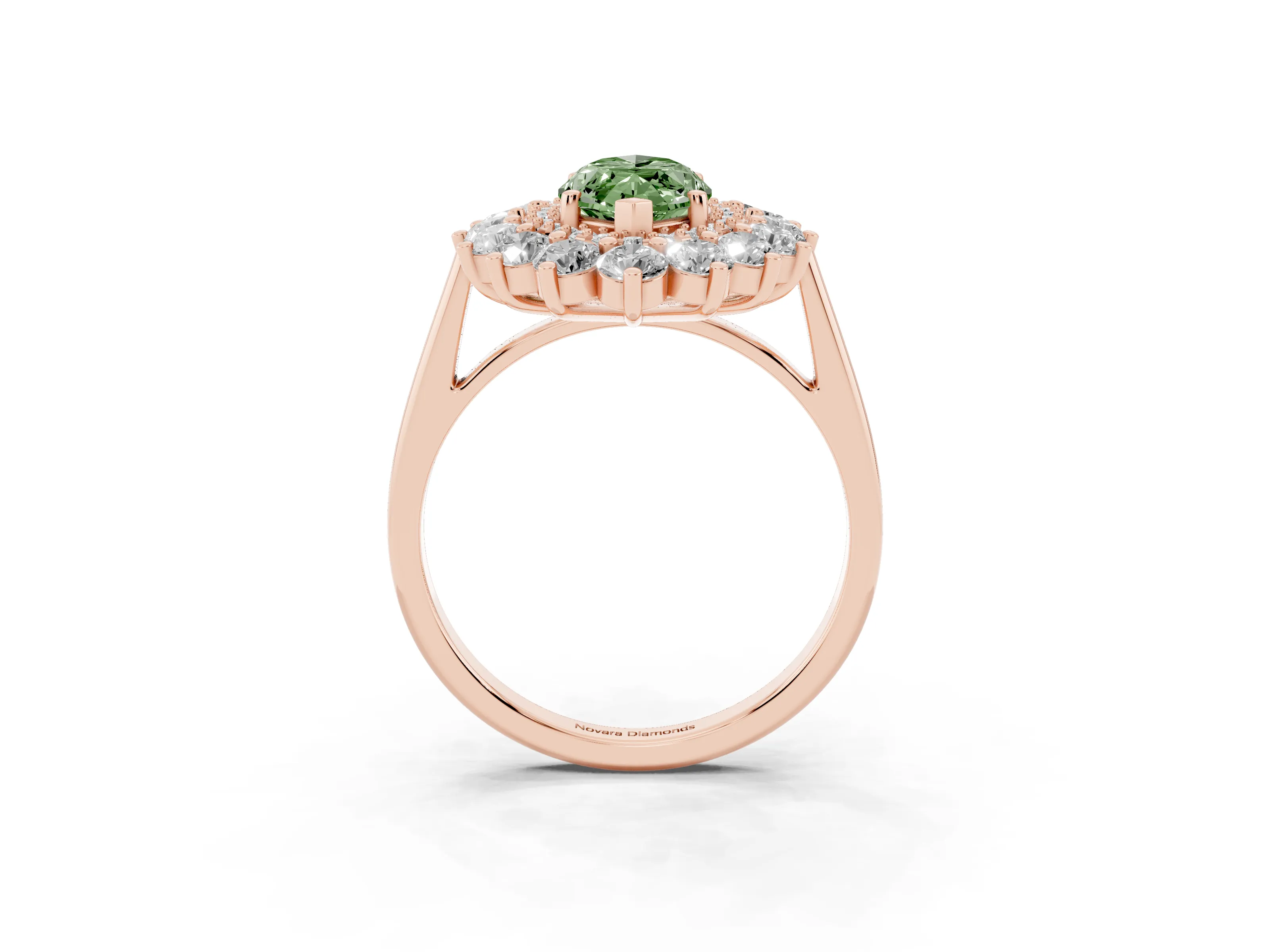 Fancy Green Marquise Cut Diamond Floral Double Halo Ring Set in Rose gold with Round Petals