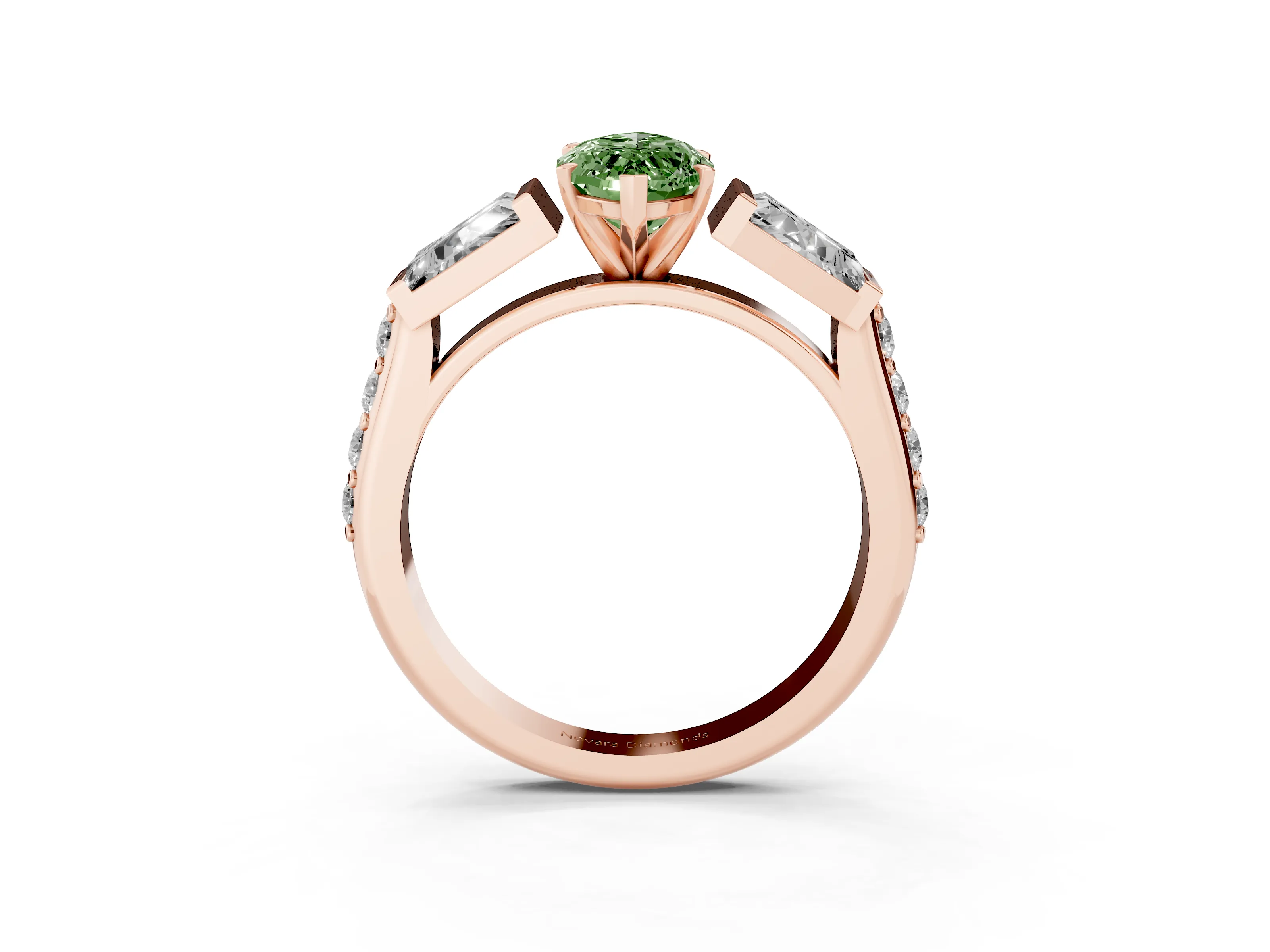 Fancy Green Marquise Cut Diamond Engagement Ring Set in Rose gold with Baguette Side Stones and Channel Set Band