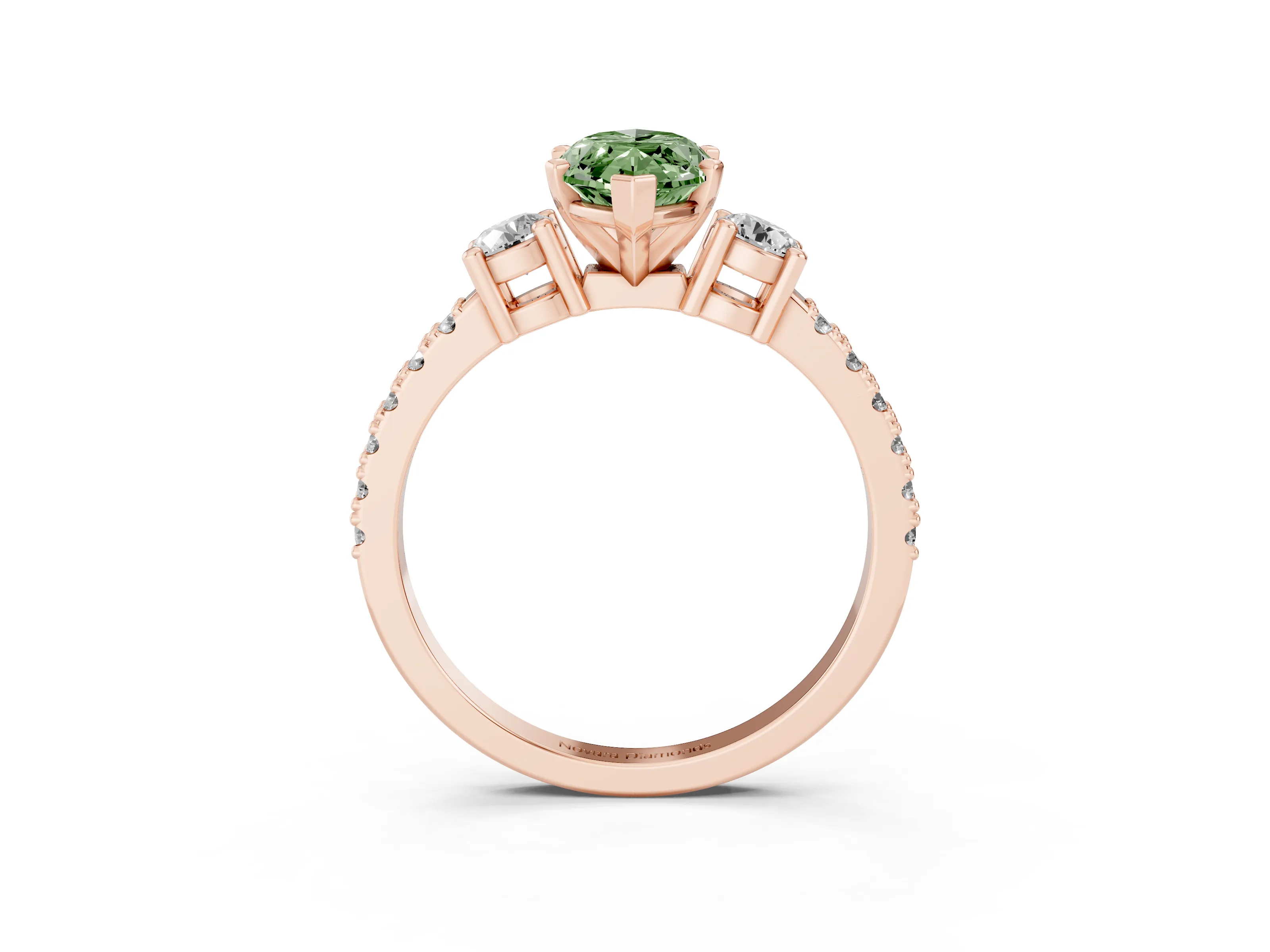 Fancy Green Three-Stone Marquise Cut Diamond Pavé Band Ring Set in Rose gold with Prong Setting