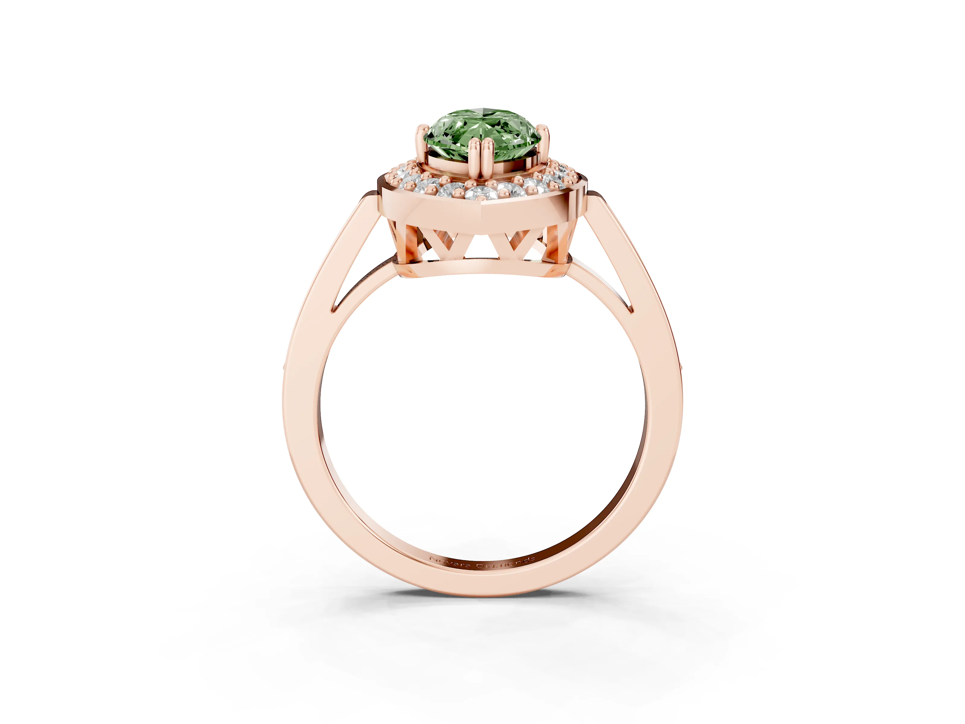 Fancy Green Marquise Cut Diamond Halo Ring Set in Rose gold with Accent-Lined Split Shank and Prong Setting