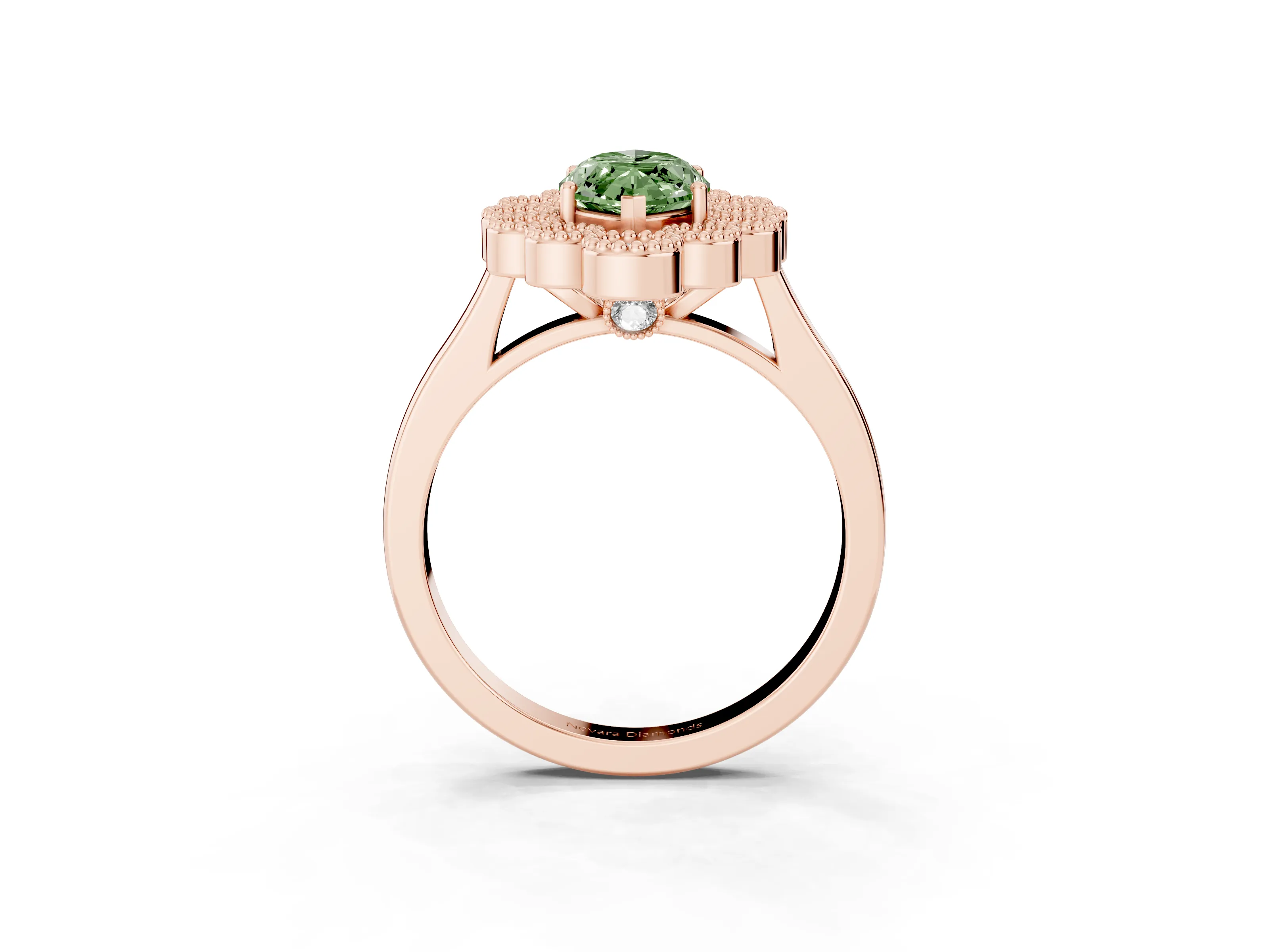Fancy Green Marquise Cut Diamond Cluster Halo Ring Set in Rose gold with Milgrain Bezel Accents and Plain Band