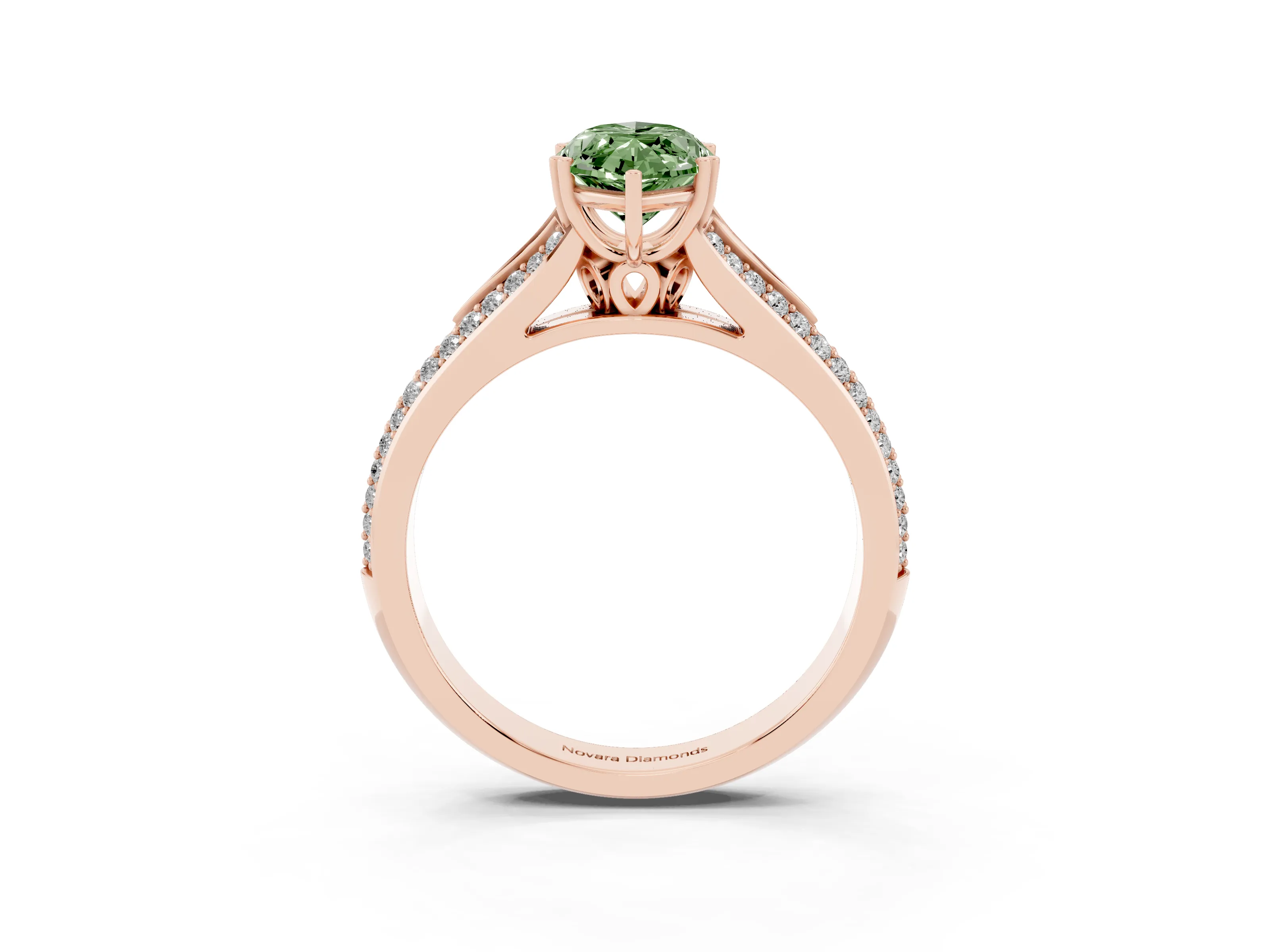 Fancy Green Marquise Cut Diamond Split Shank Pavé Engagement Ring Set in Rose gold with Prong-Set Center Stone
