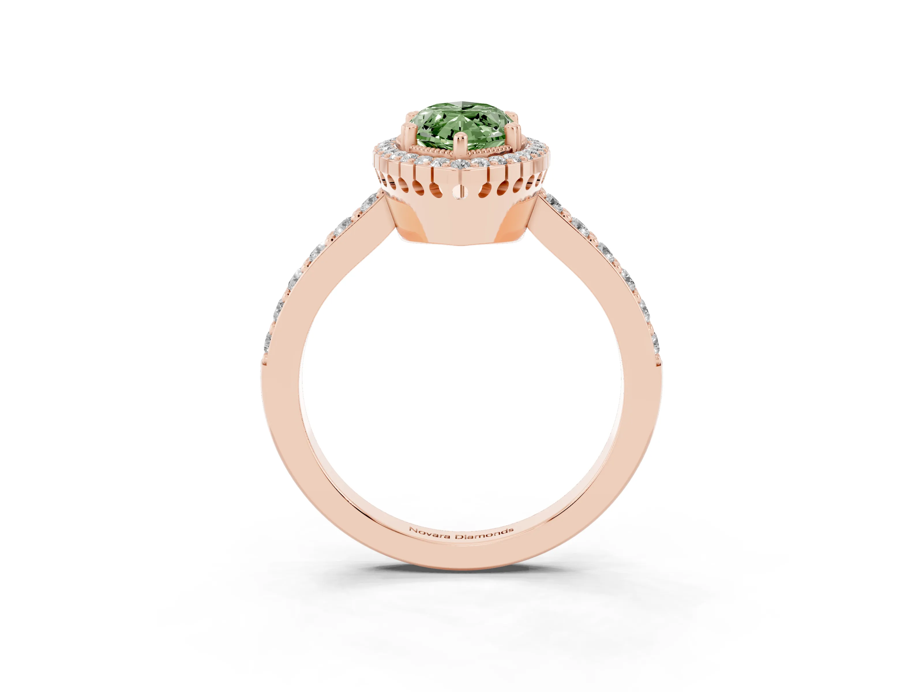 Fancy Green Marquise Cut Diamond Halo Engagement Ring Set in Rose gold with Milgrain Detail and Pavé Band