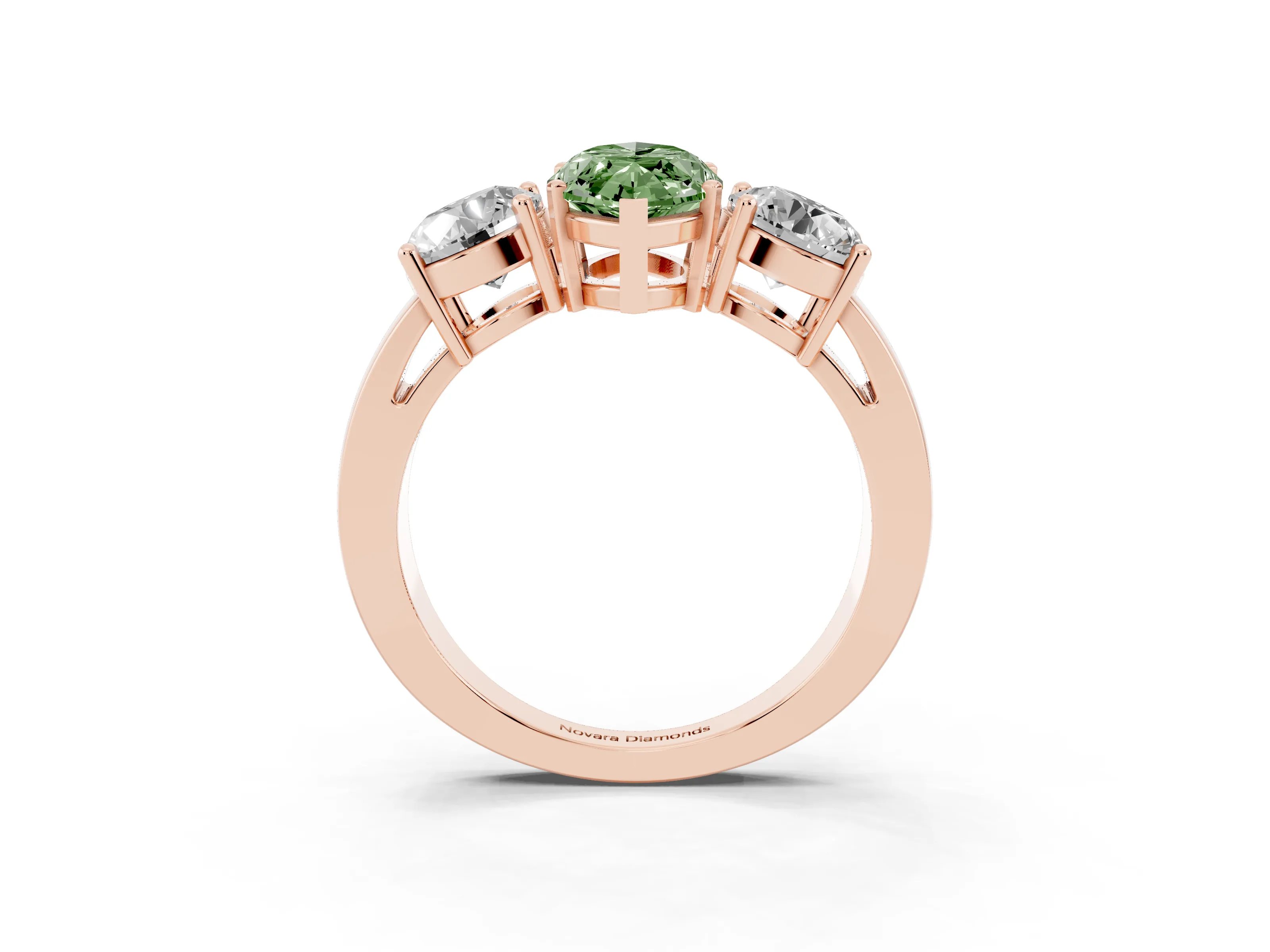 Fancy Green Marquise Cut Diamond Three-Stone Ring Set in Rose gold with Round Side Stones and Classic Band