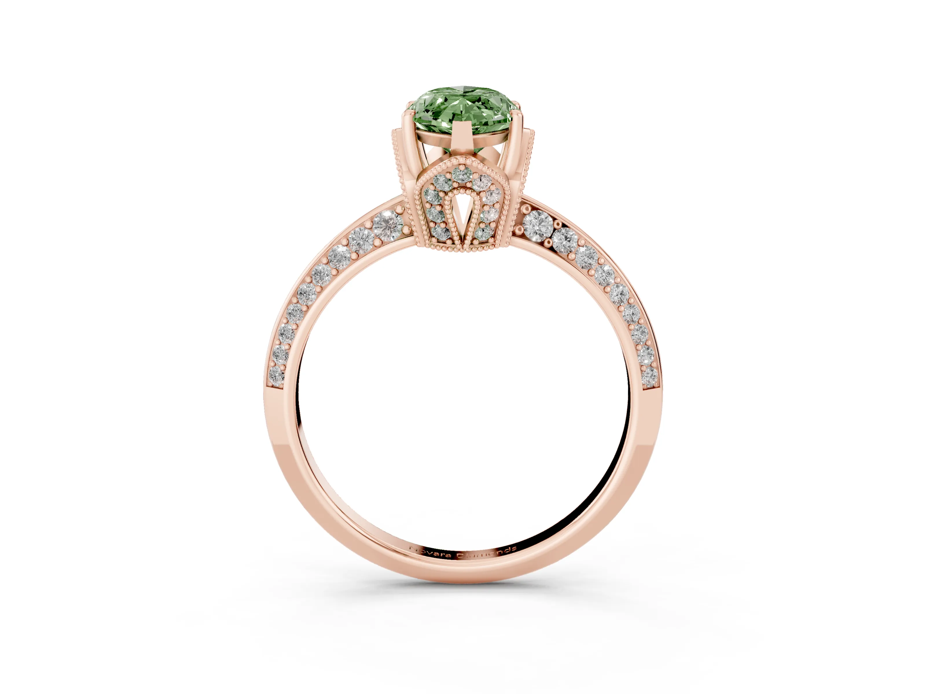 Fancy Green Marquise Cut Diamond Solitaire Engagement Ring Set in Rose gold with Pavé Split Shank and Prong Setting