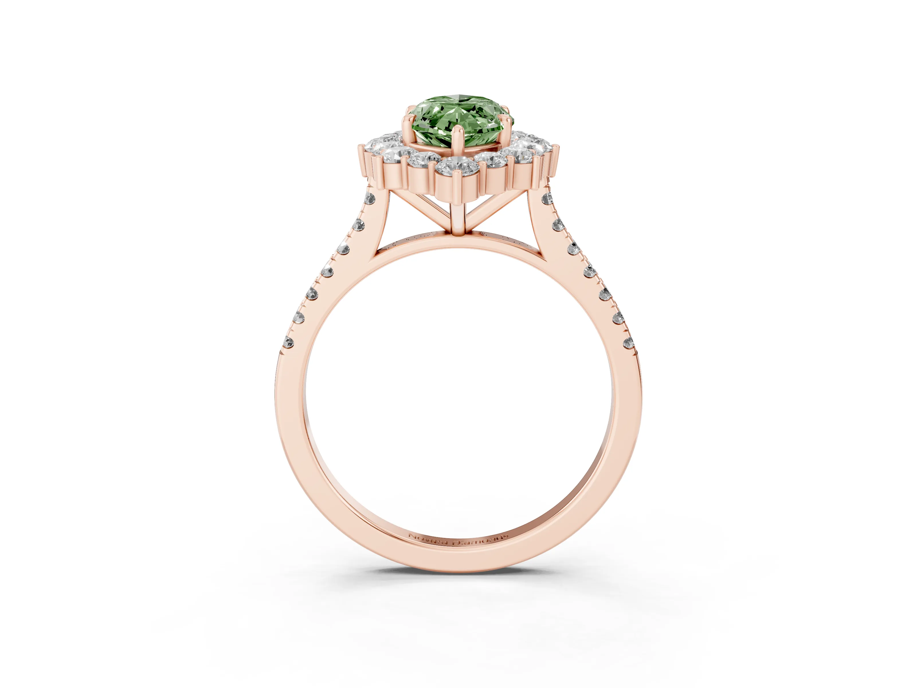Fancy Green Marquise Cut Diamond Halo Ring Set in Rose gold with Pavé Band and Prong Setting