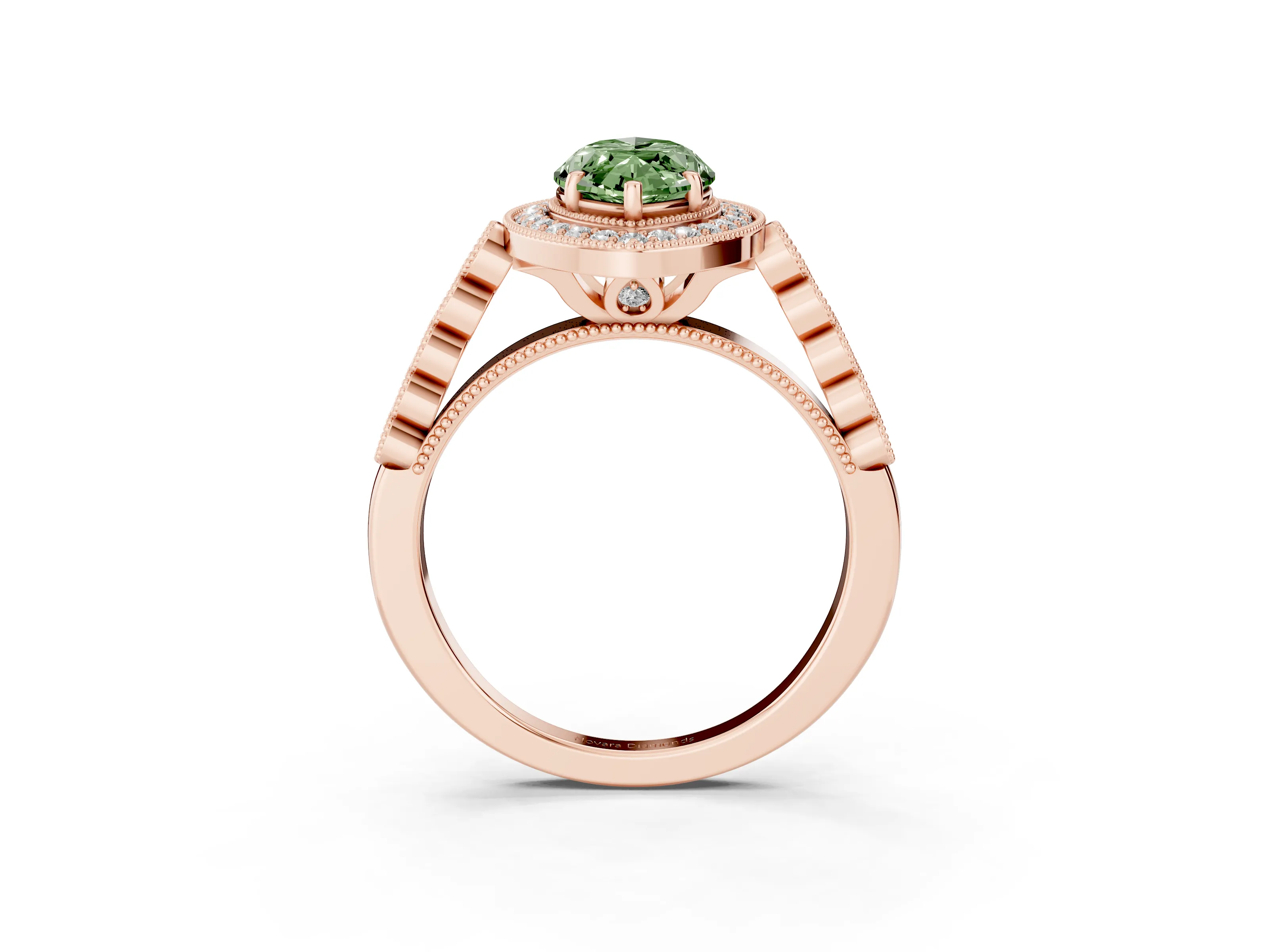 Fancy Green Marquise Cut Diamond Milgrain Halo Solitaire Ring Set in Rose gold with Bezel Set Side Stones and Pavé Band