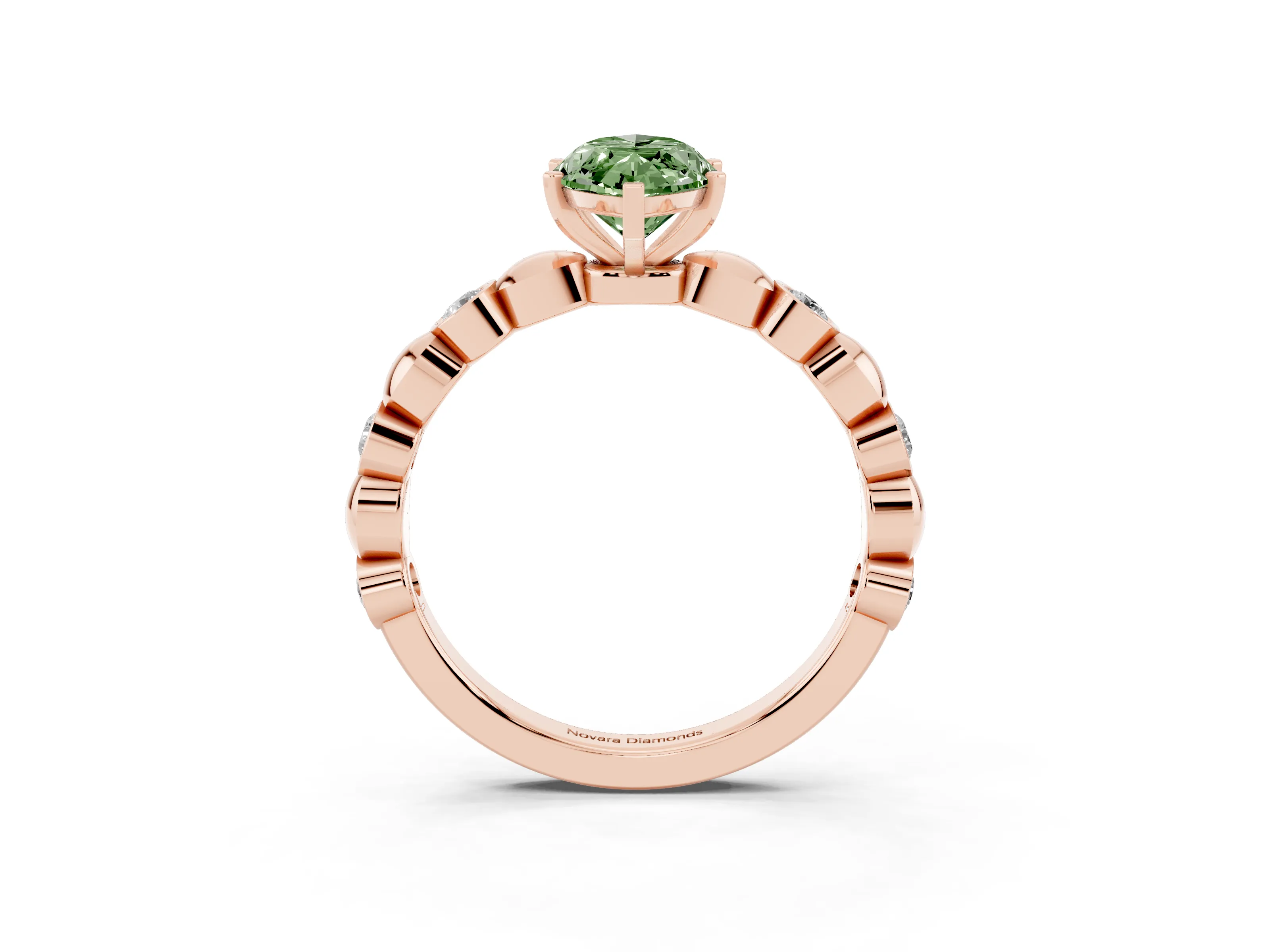 Fancy Green Marquise Cut Diamond Solitaire Ring Set in Rose gold with Bezel-Set Accents on Beaded Band and Prong Setting