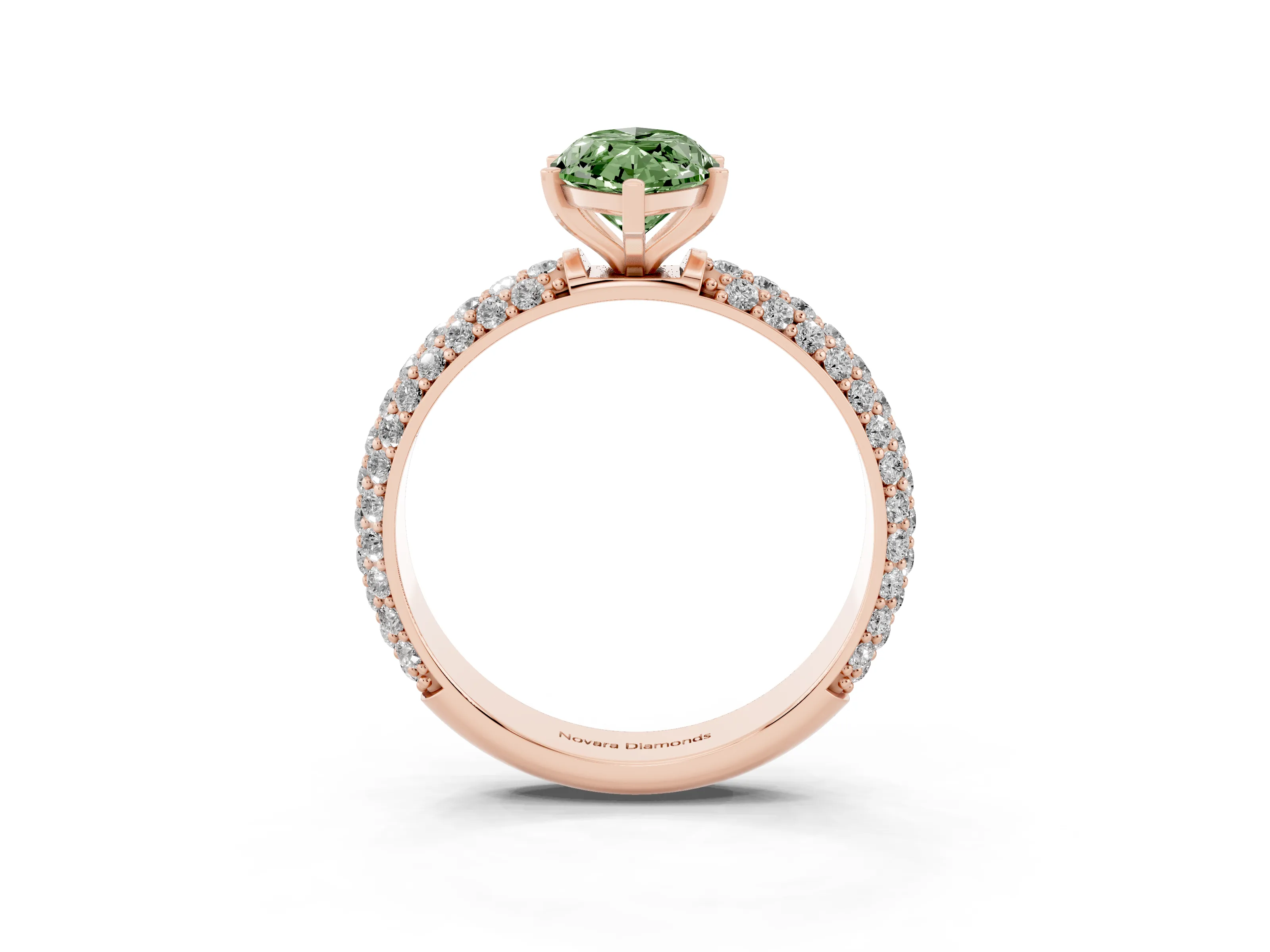 Fancy Green Marquise Cut Diamond Solitaire Ring Set in Rose gold with Prong Setting and Pavé-Set Band