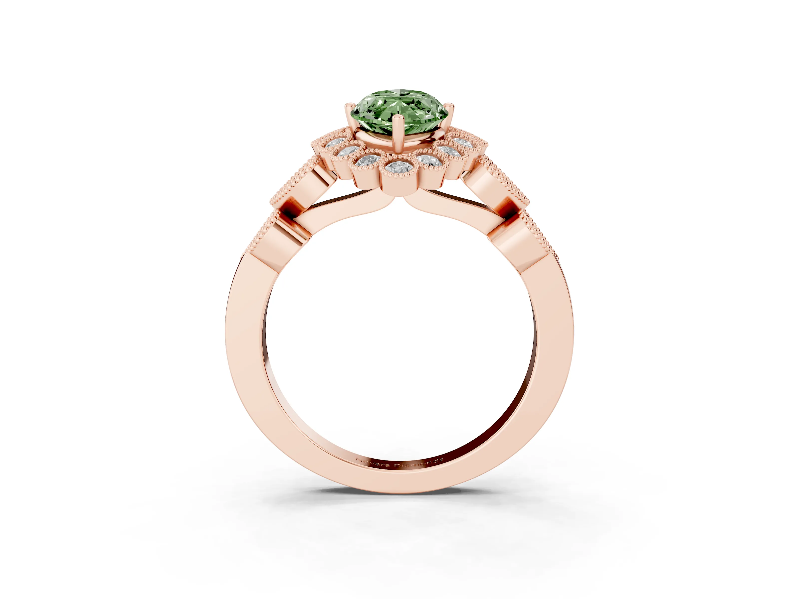 Fancy Green Marquise Cut Diamond Solitaire Ring Set in Rose gold with Milgrain Pavé Heart Band