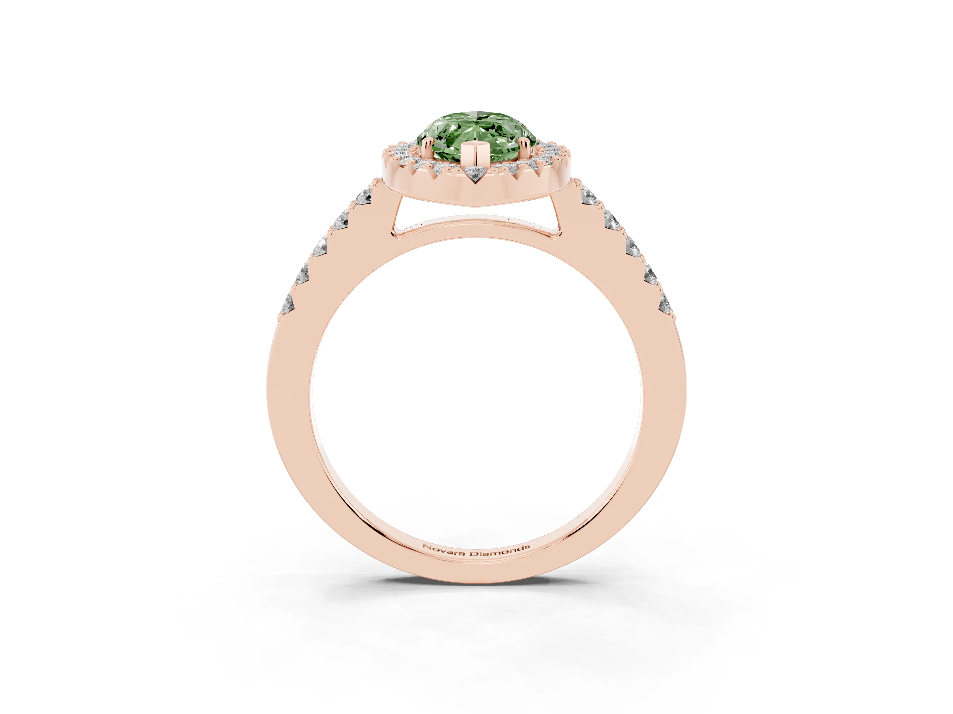 Fancy Green Marquise Cut Diamond Halo Pavé Solitaire Ring Set in Rose gold with Prong-Set Center Stone