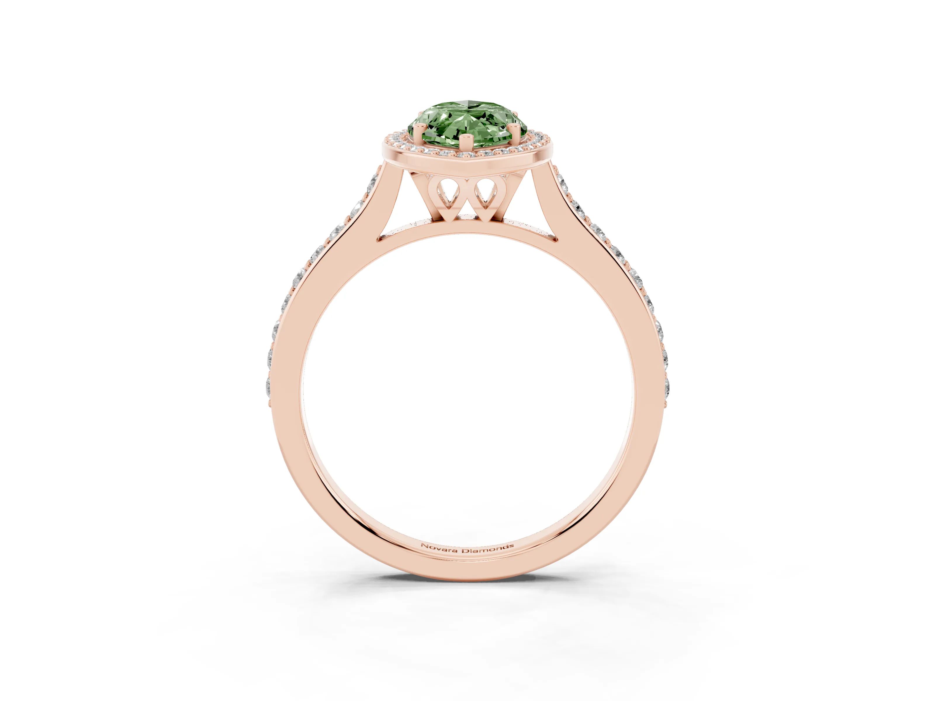 Fancy Green Marquise Cut Diamond Halo Engagement Ring Set in Rose gold with Round Pavé Shoulders and Heart Gallery