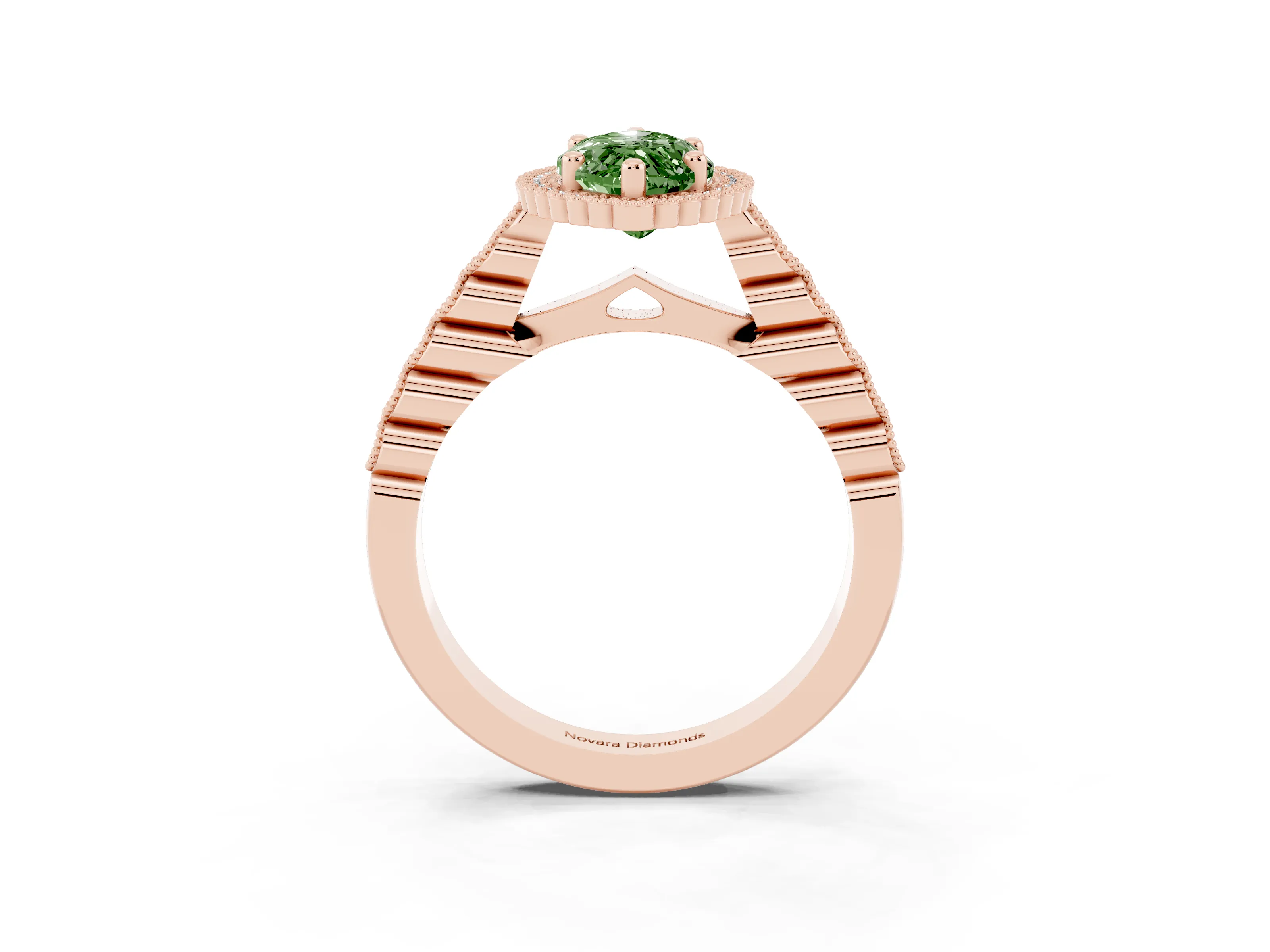 Fancy Green Marquise Cut Diamond Halo Ring Set in Rose gold with Pavé Milgrain Band