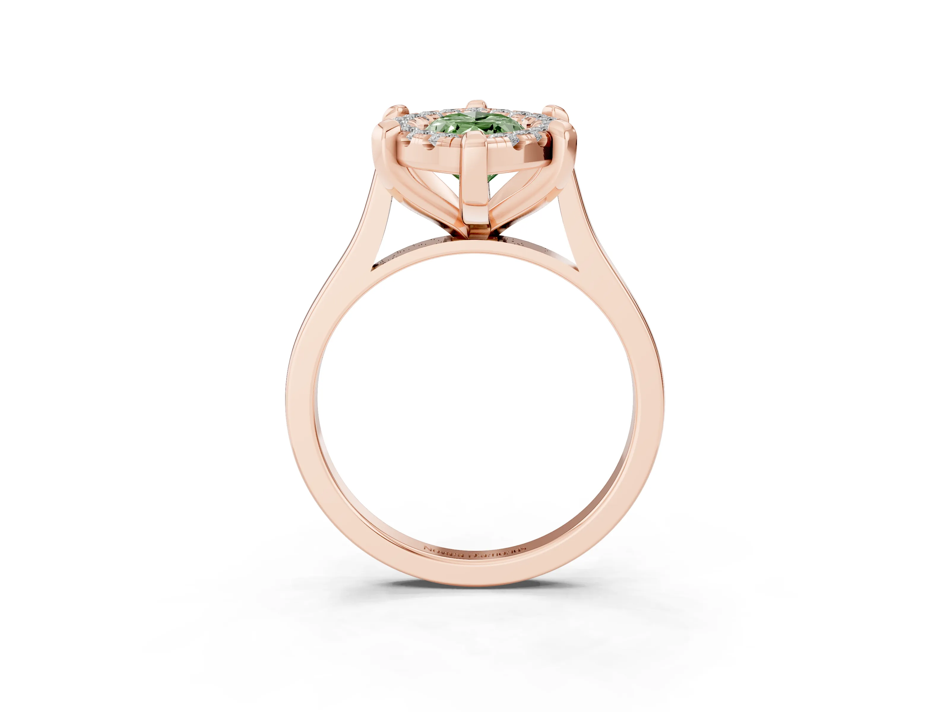 Fancy Green Marquise Cut Diamond Cluster Halo Solitaire Ring Set in Rose gold with Prong Setting