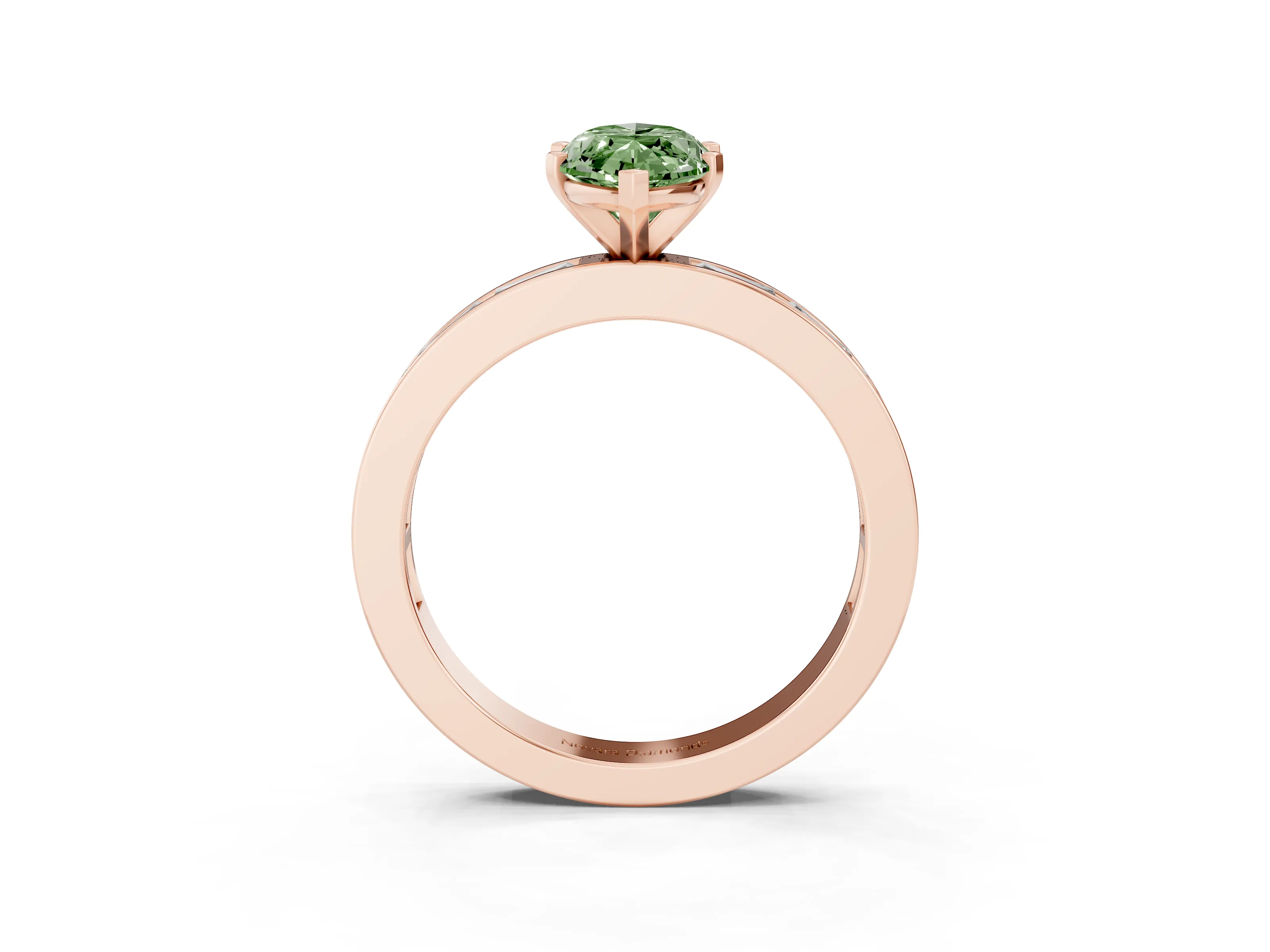 Fancy Green Marquise Cut Diamond Solitaire Ring Set in Rose gold with Channel-Set Baguette Band and Prong Setting