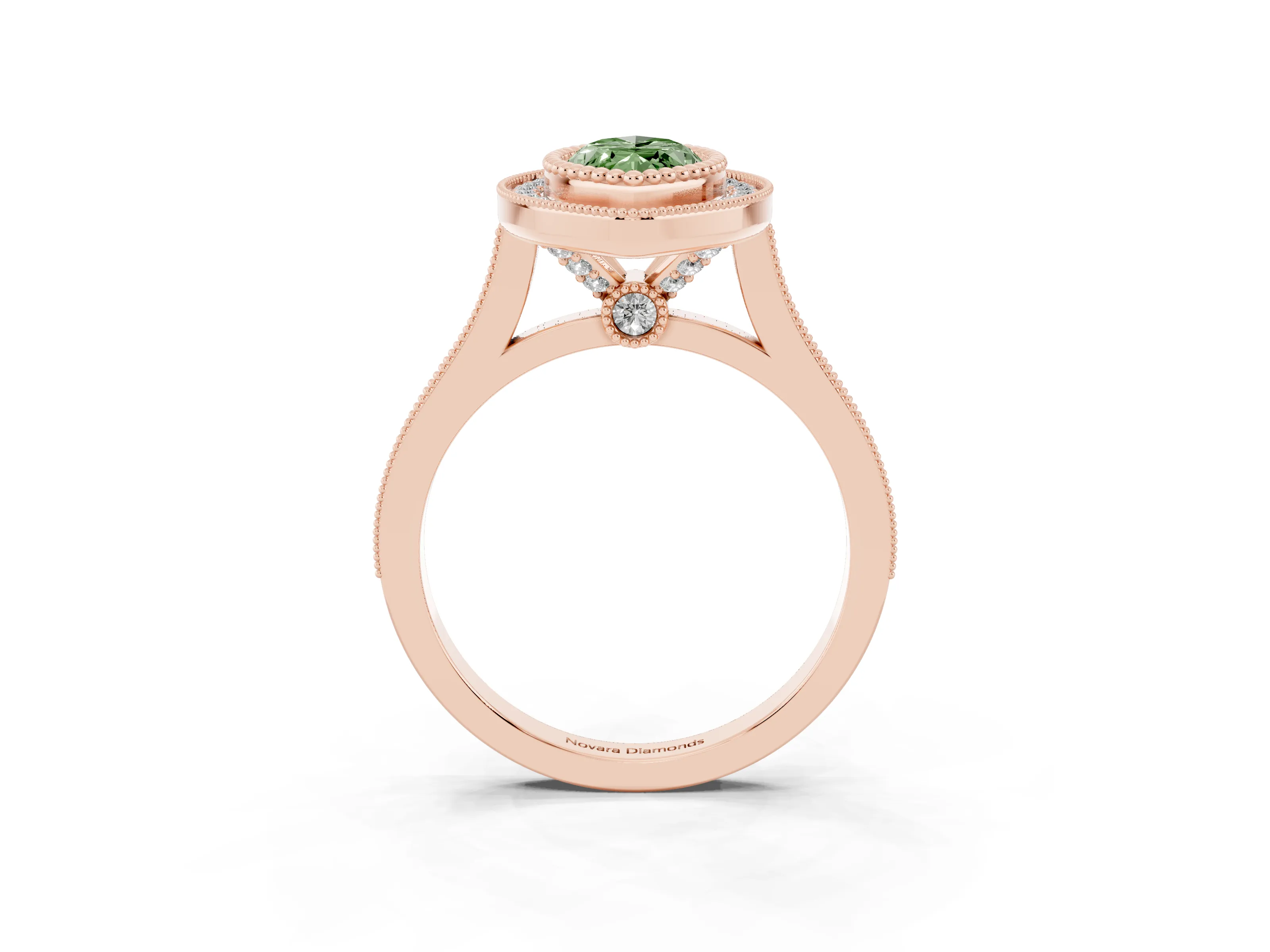 Fancy Green Marquise Cut Diamond Halo Ring Set in Rose gold with Milgrain Frame and Pavé Band