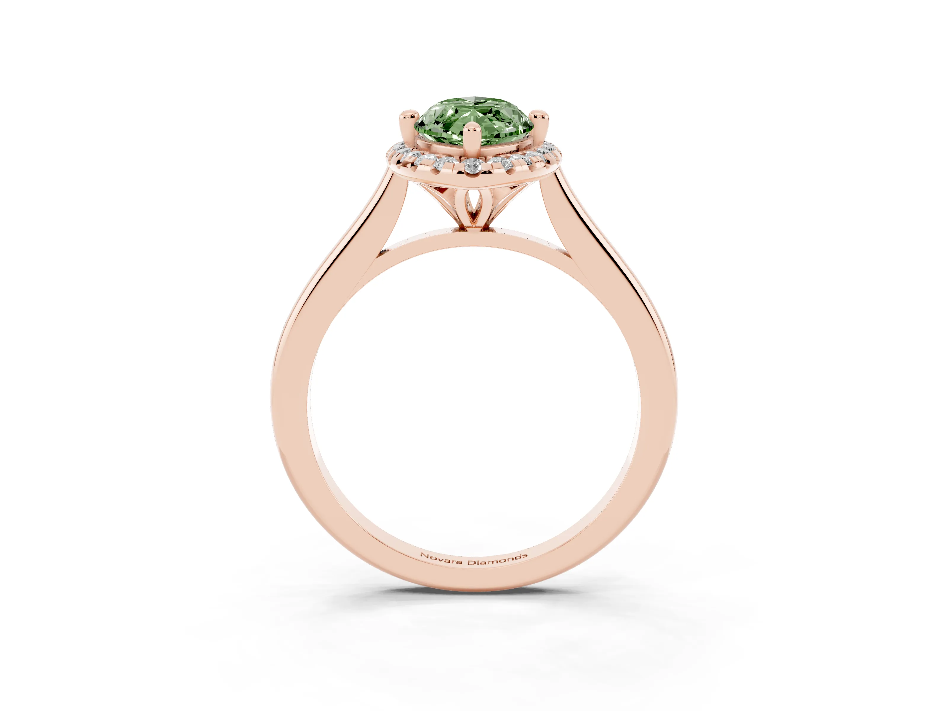 Fancy Green Marquise Cut Diamond Halo Engagement Ring Set in Rose gold with Pavé Band and Rising Shoulders