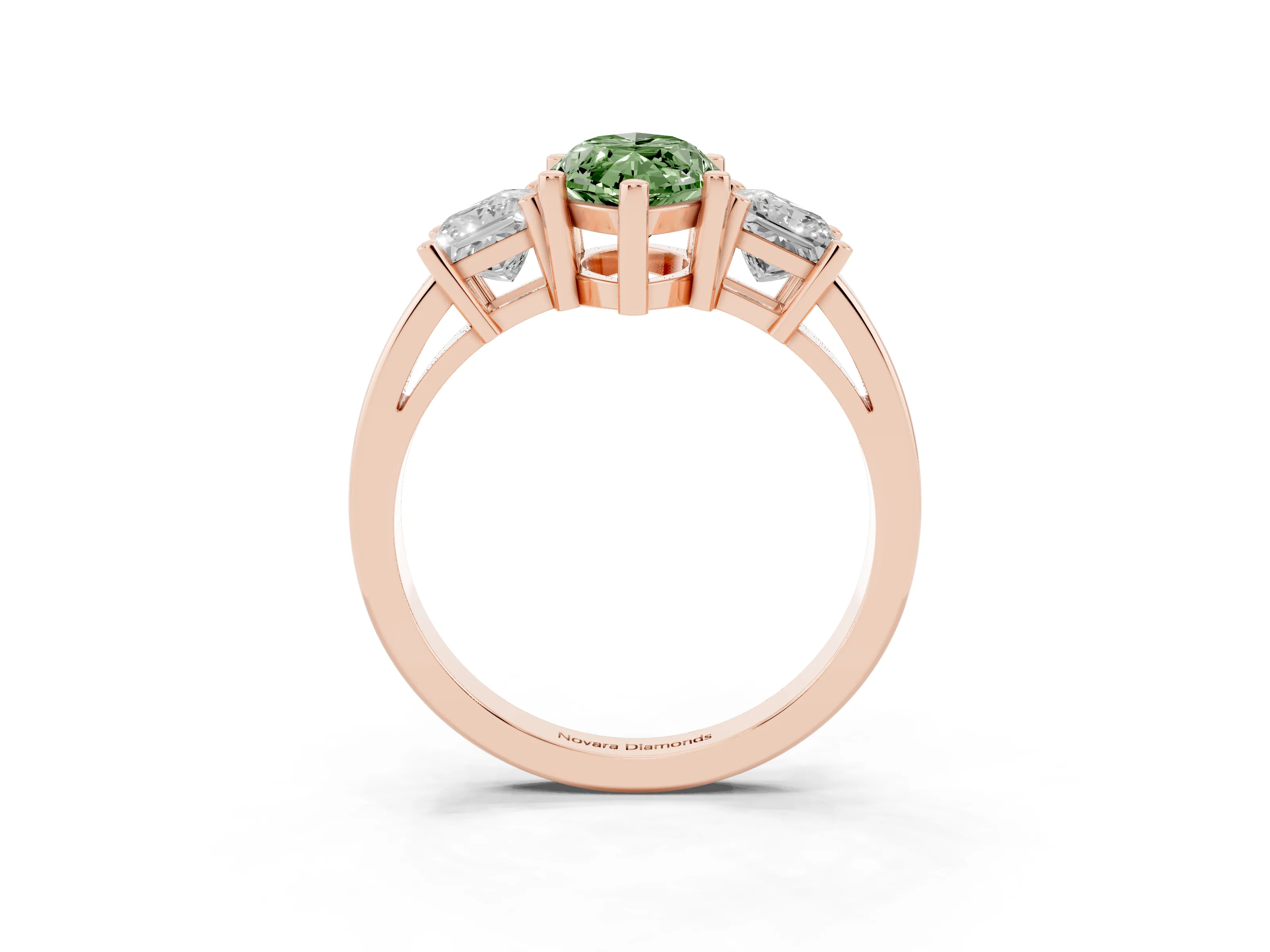 Fancy Green Three-Stone Marquise Cut Diamond Solitaire Ring Set in Rose gold with Prong Setting