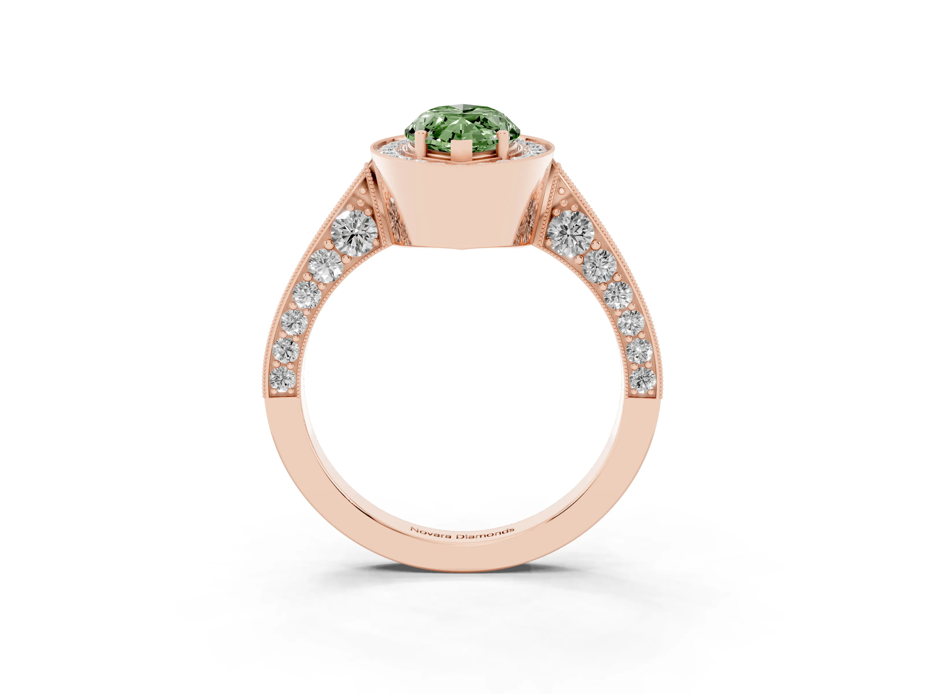 Fancy Green Marquise Cut Diamond Halo Engagement Ring Set in Rose gold with Accent Split Shank Band