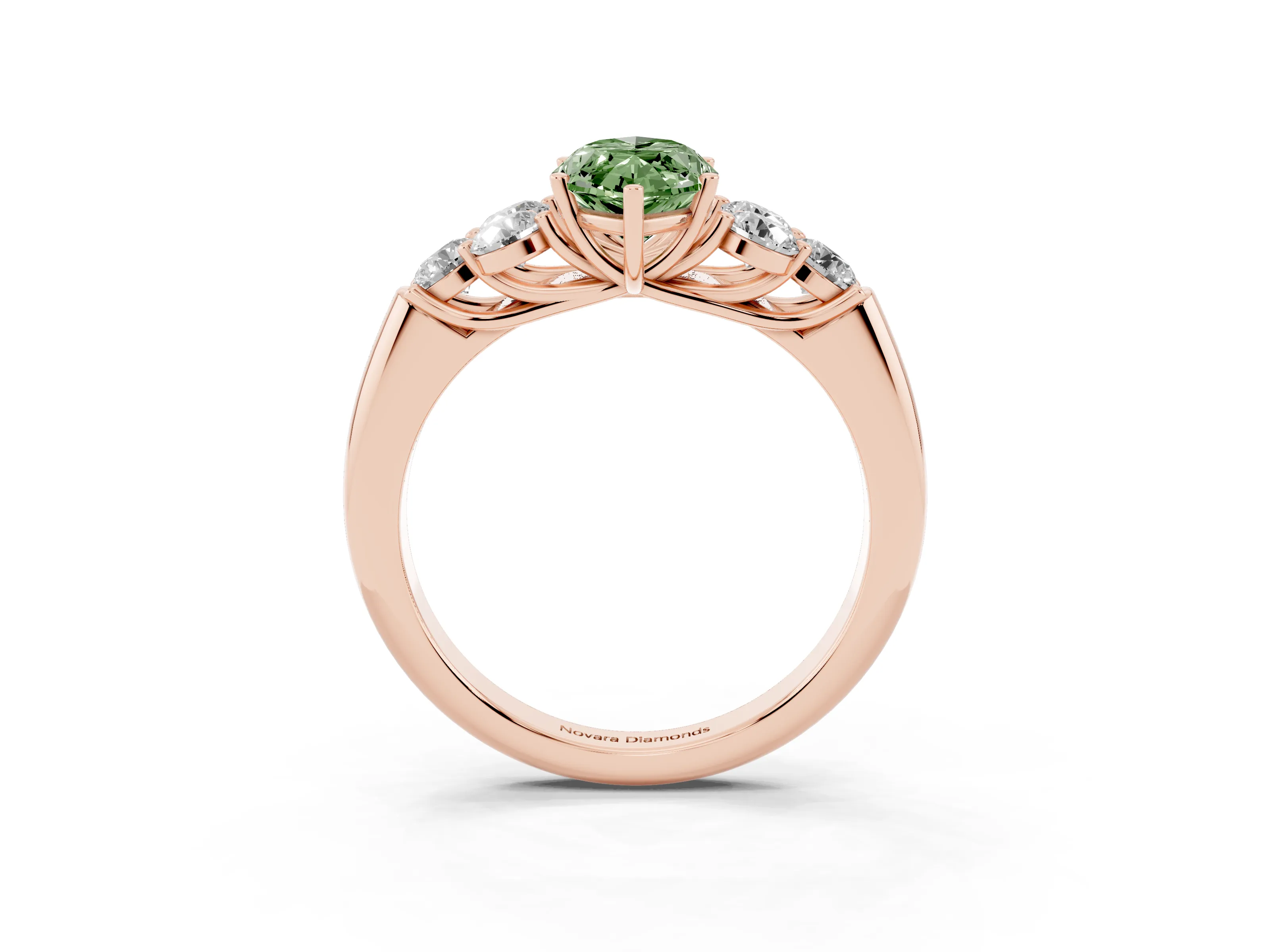 Fancy Green Marquise Cut Diamond Cluster Ring Set in Rose gold with Round Accent Stones and Prong Setting on a Plain Band
