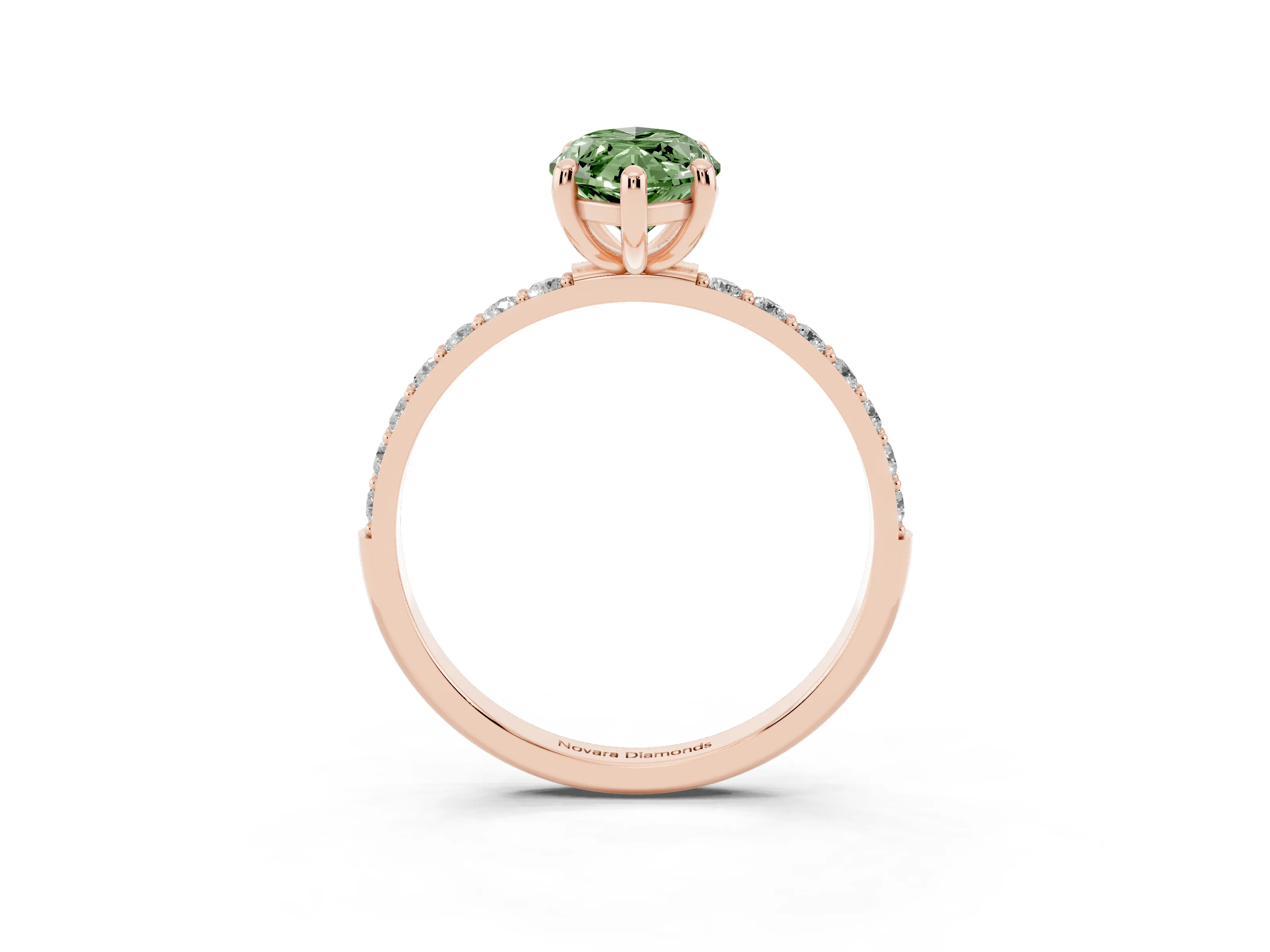 Fancy Green Marquise Cut Diamond Solitaire Ring Set in Rose gold with Round Pavé Band and Prong Setting