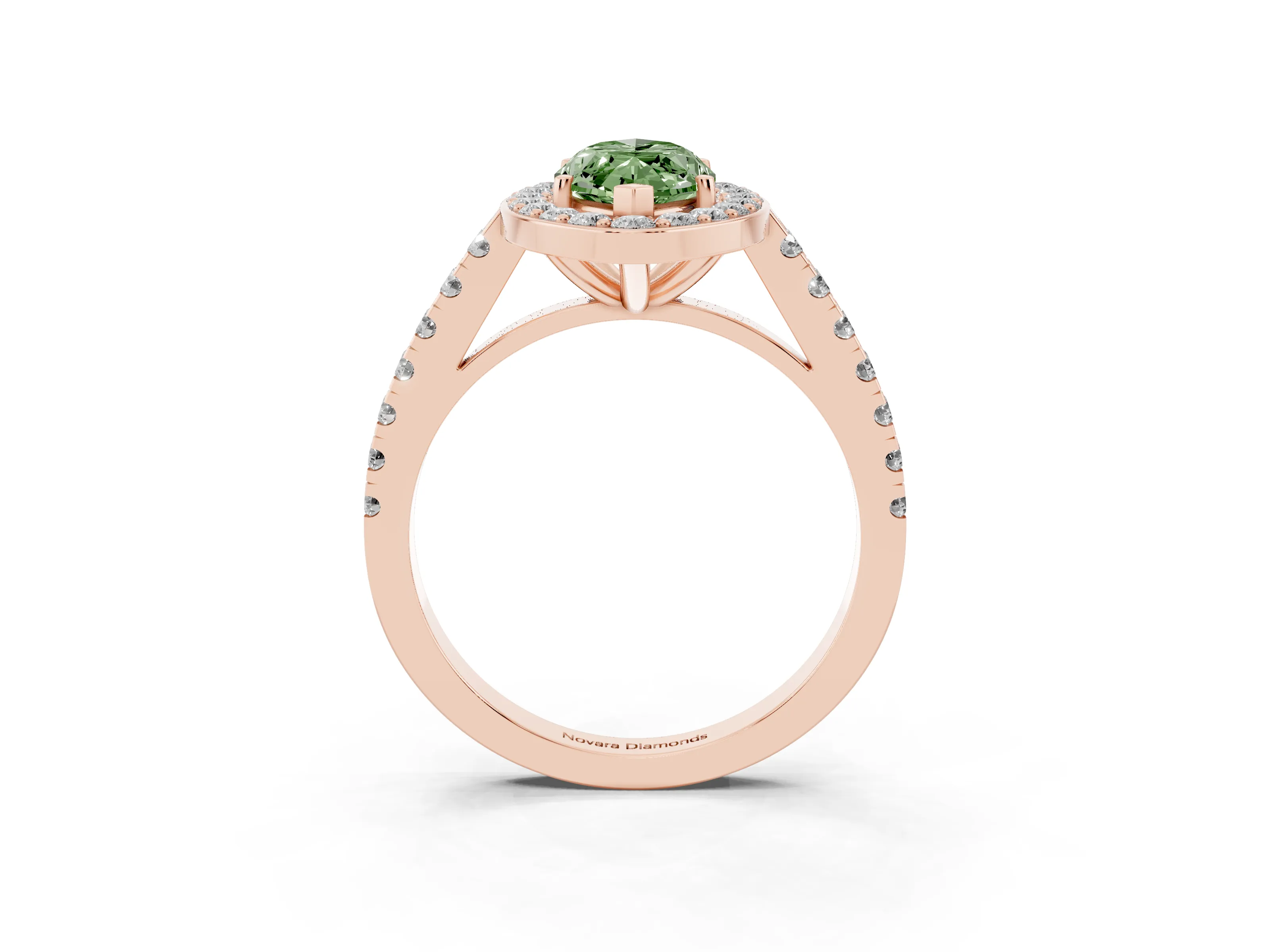 Fancy Green Marquise Cut Diamond Halo Ring Set in Rose gold with Round Pavé Split Shank and Prong Setting