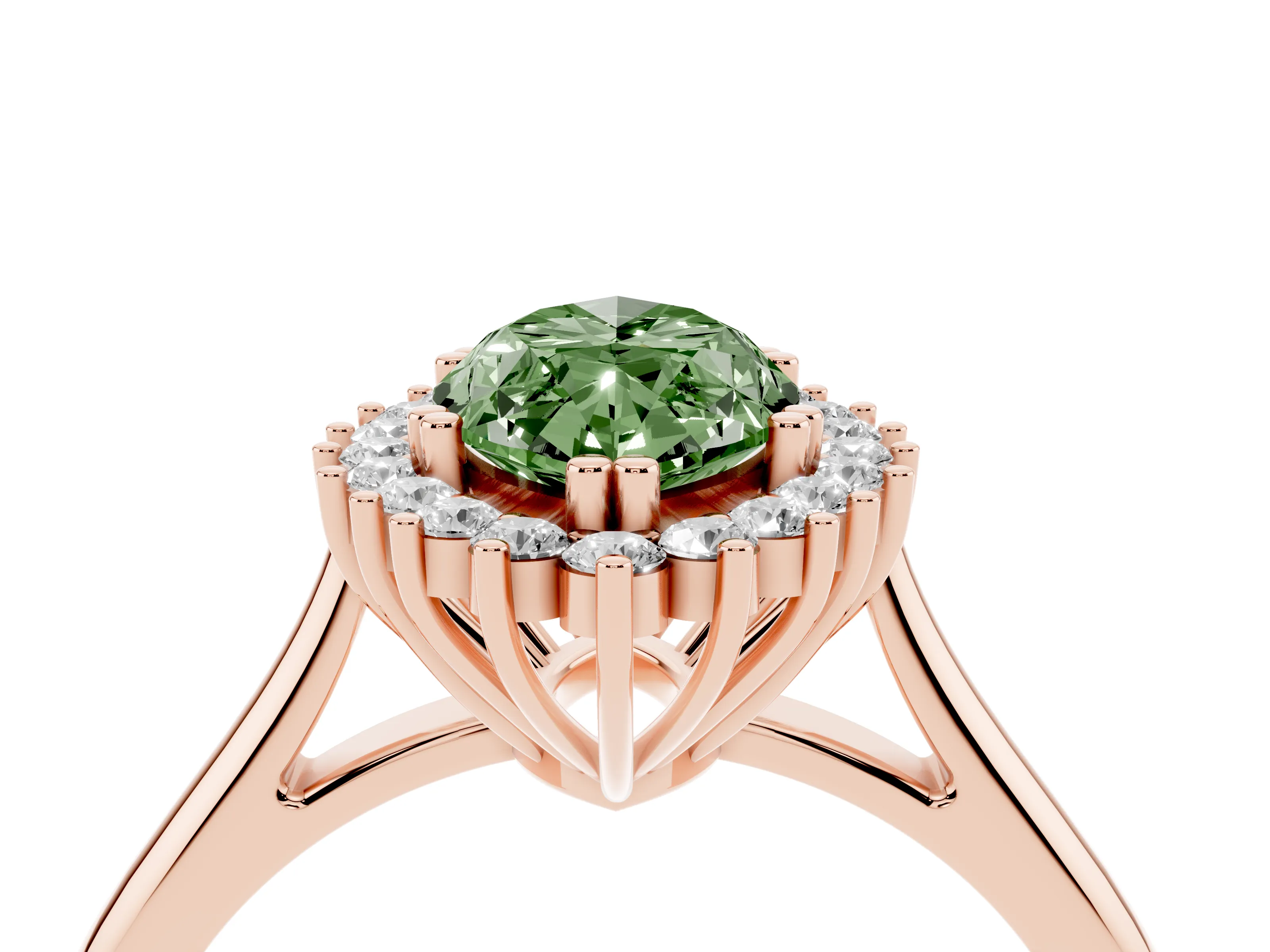 Fancy Green Marquise Cut Diamond Halo Ring Set in Rose gold with Plain Solitaire Band and Prong Setting