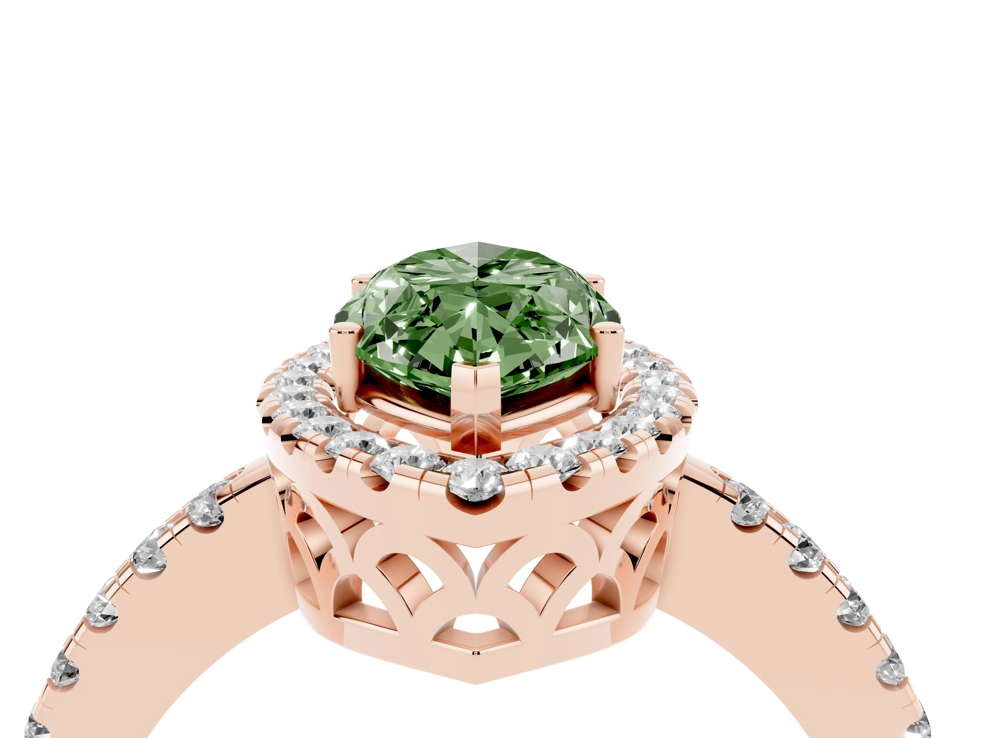Fancy Green Marquise Cut Diamond Pavé Band Halo Engagement Ring Set in Rose gold with Prong Setting