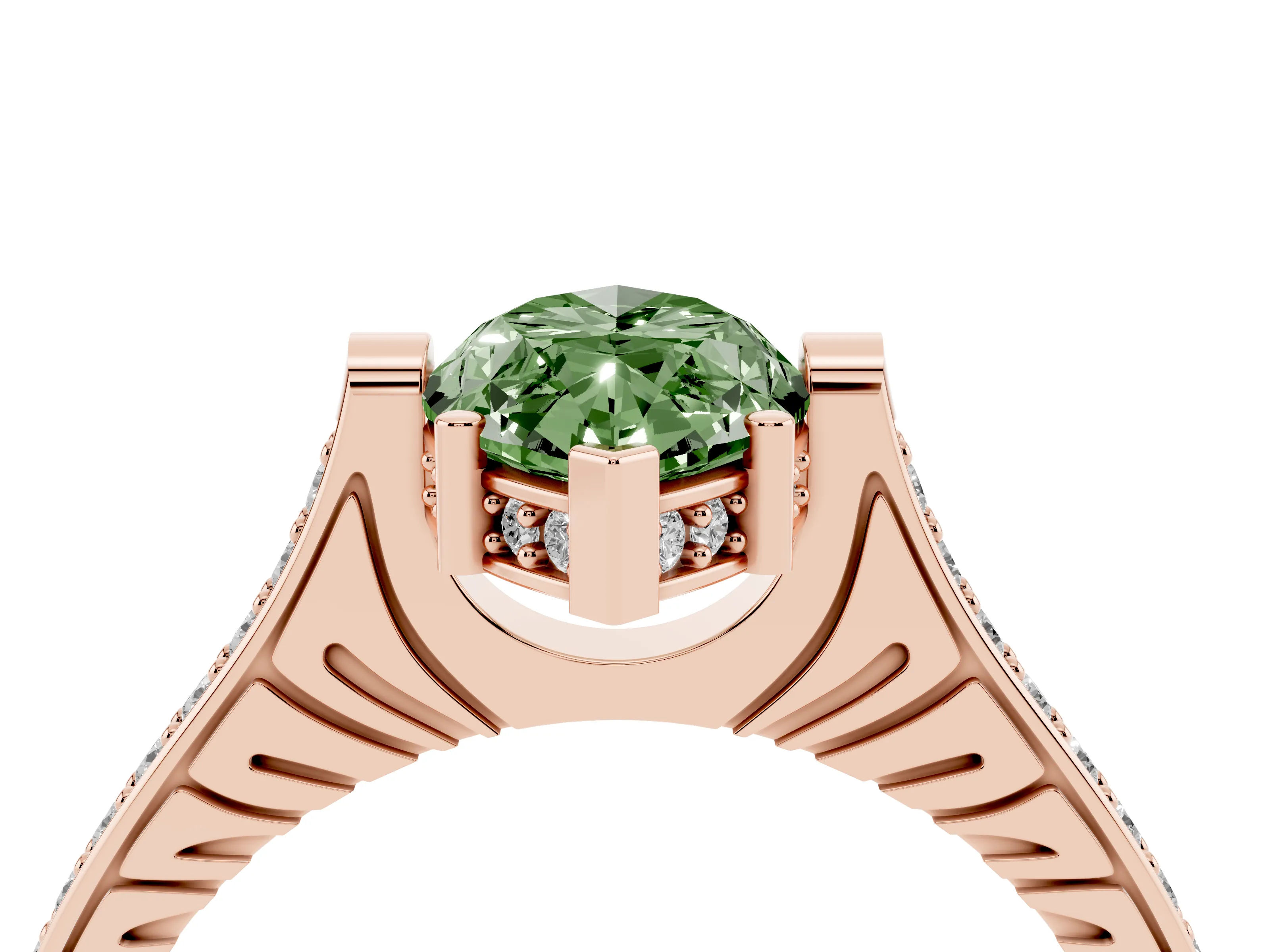 Fancy Green Marquise Cut Diamond Solitaire Ring Set in Rose gold with Channel Set Band and Bezel Prong Setting