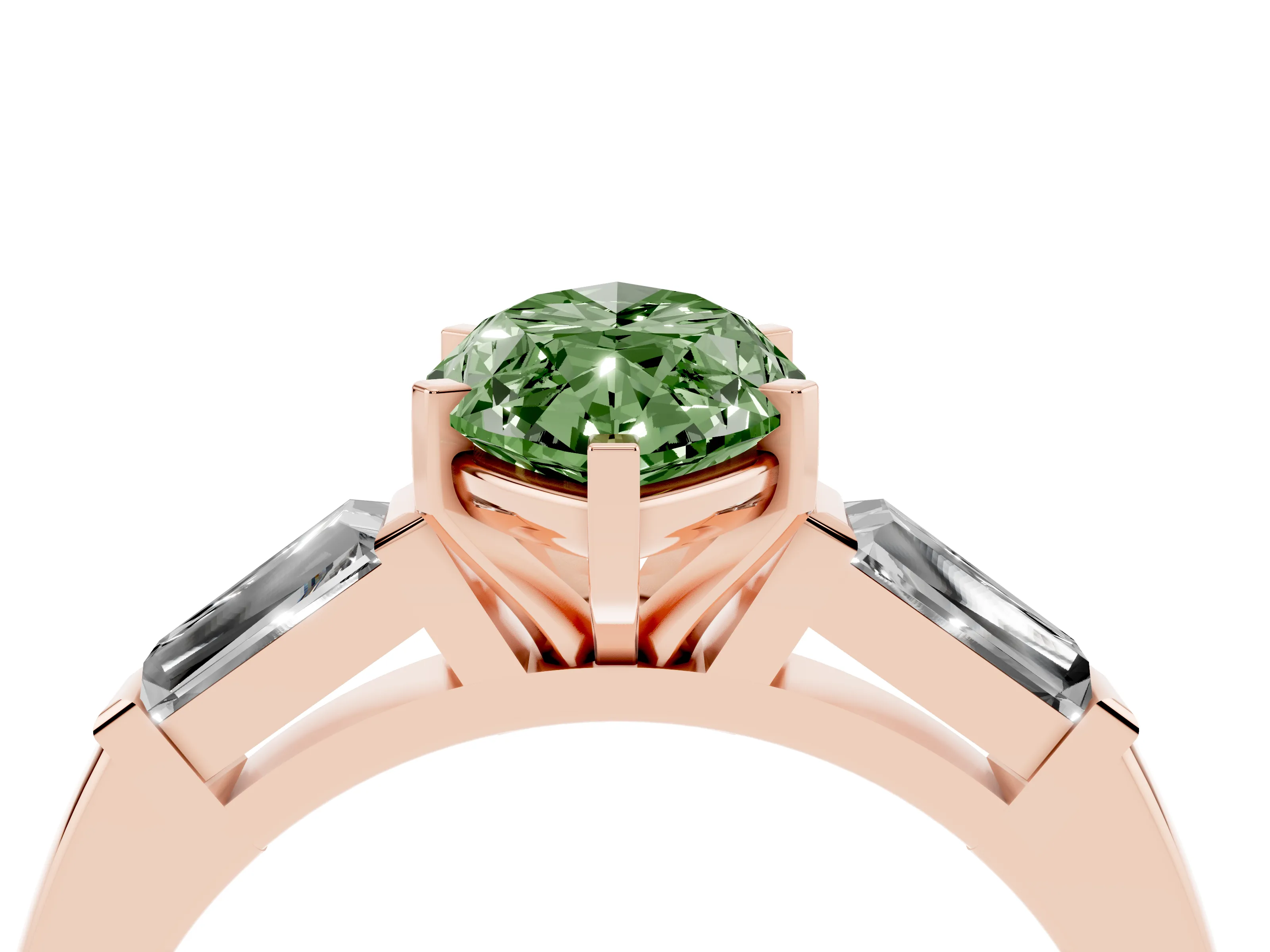 Fancy Green Marquise Cut Diamond Solitaire Ring Set in Rose gold with Tapered Baguette Side Stones and Prong Setting